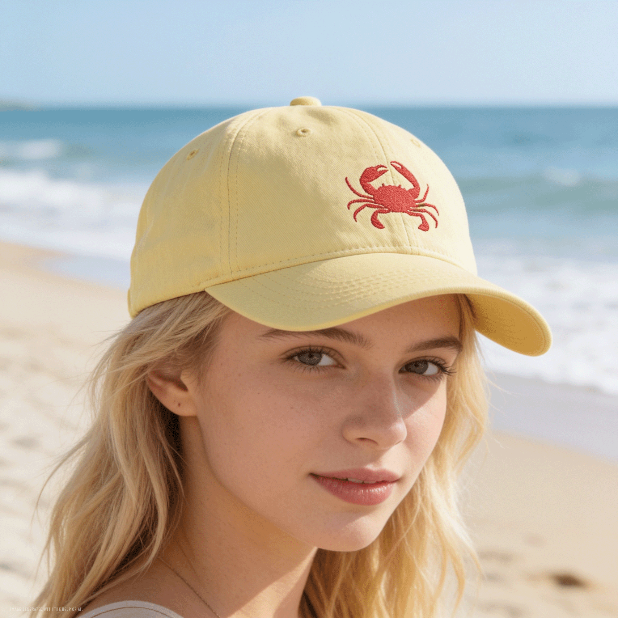 Embroidered Red Crab Coastal Washed Cap butter