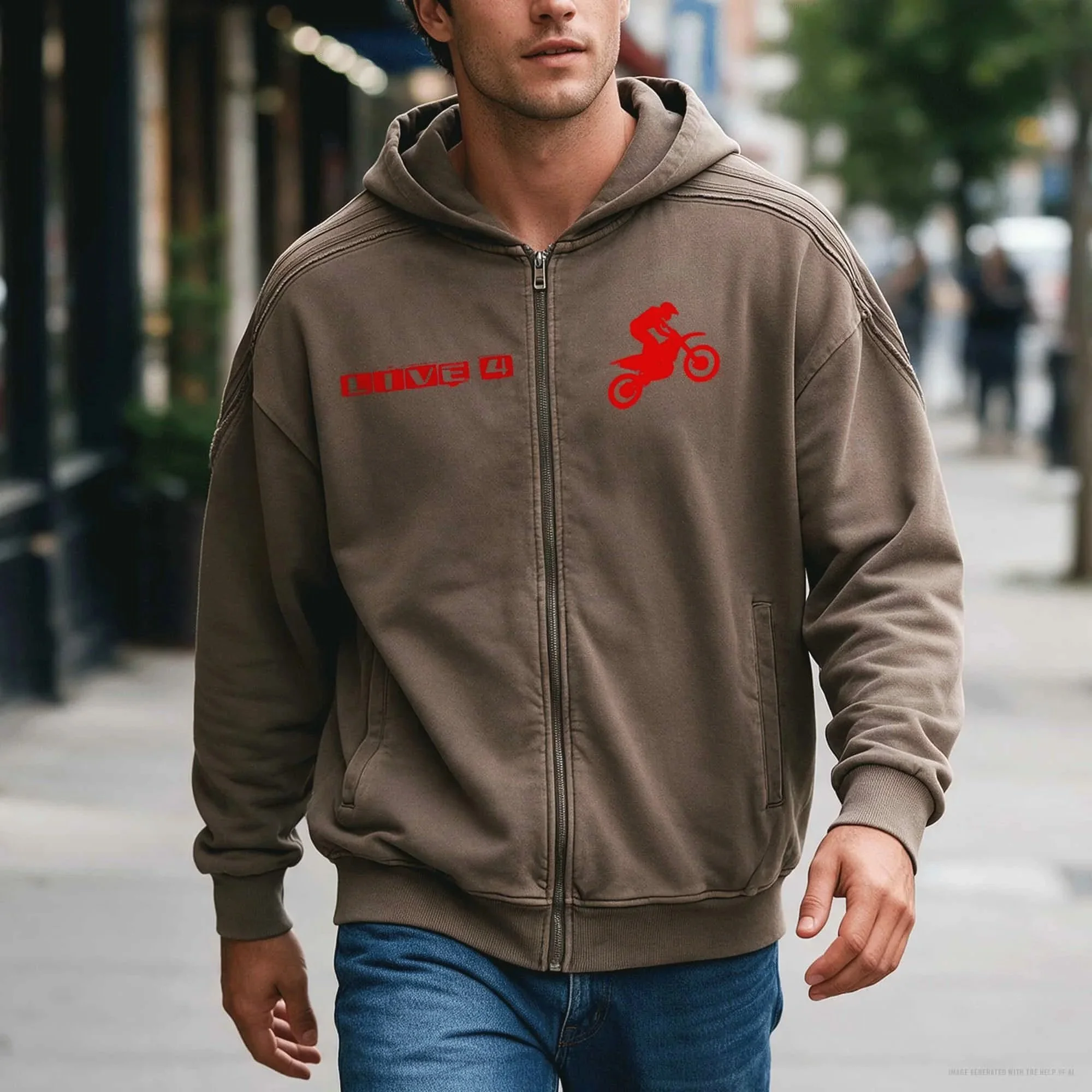 Live 4 Motocross Snow Washed Raw Edge Shoulder Stripes Zip Up Hoodie