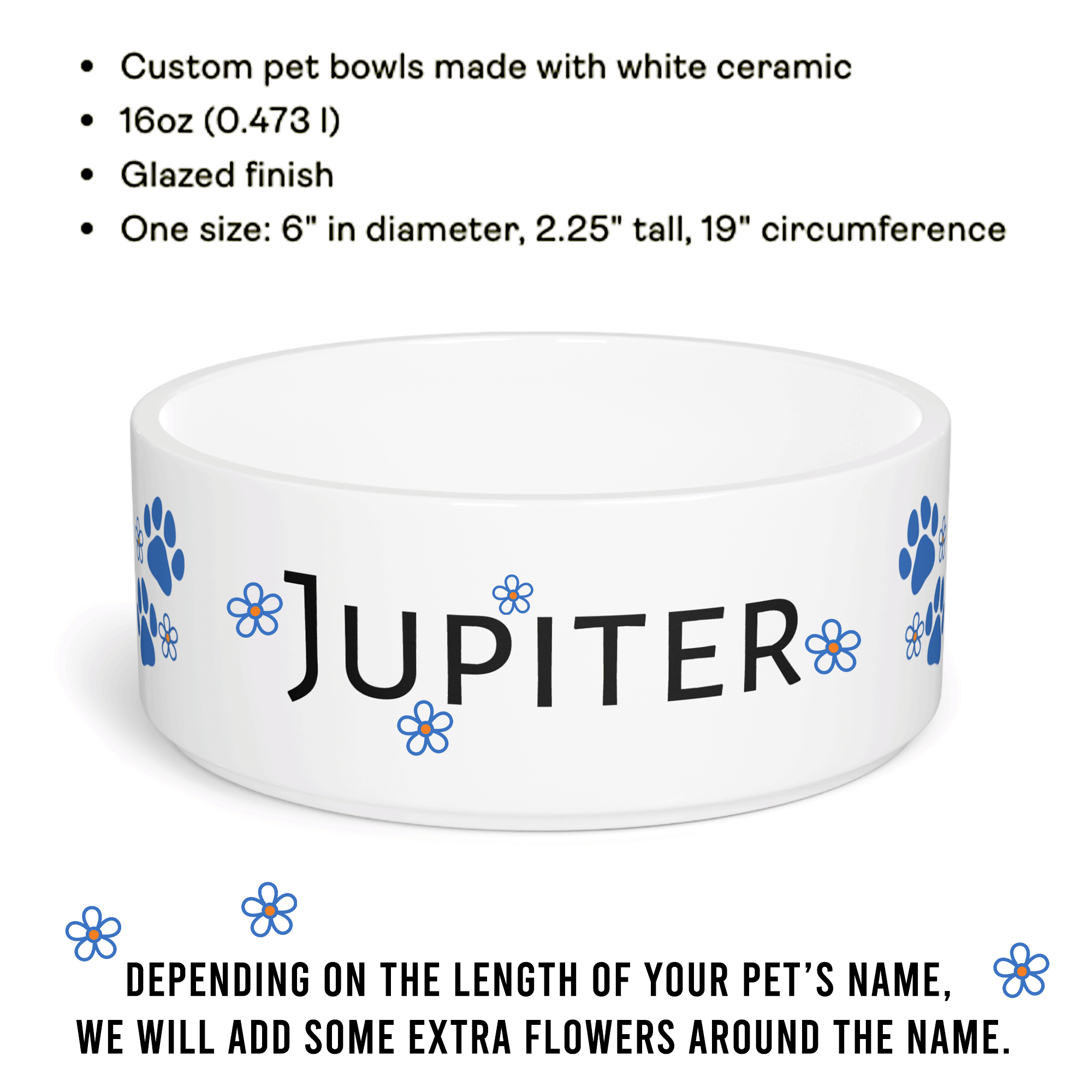 Personalized Ceramic Pet Bowl Blue Paw Prints