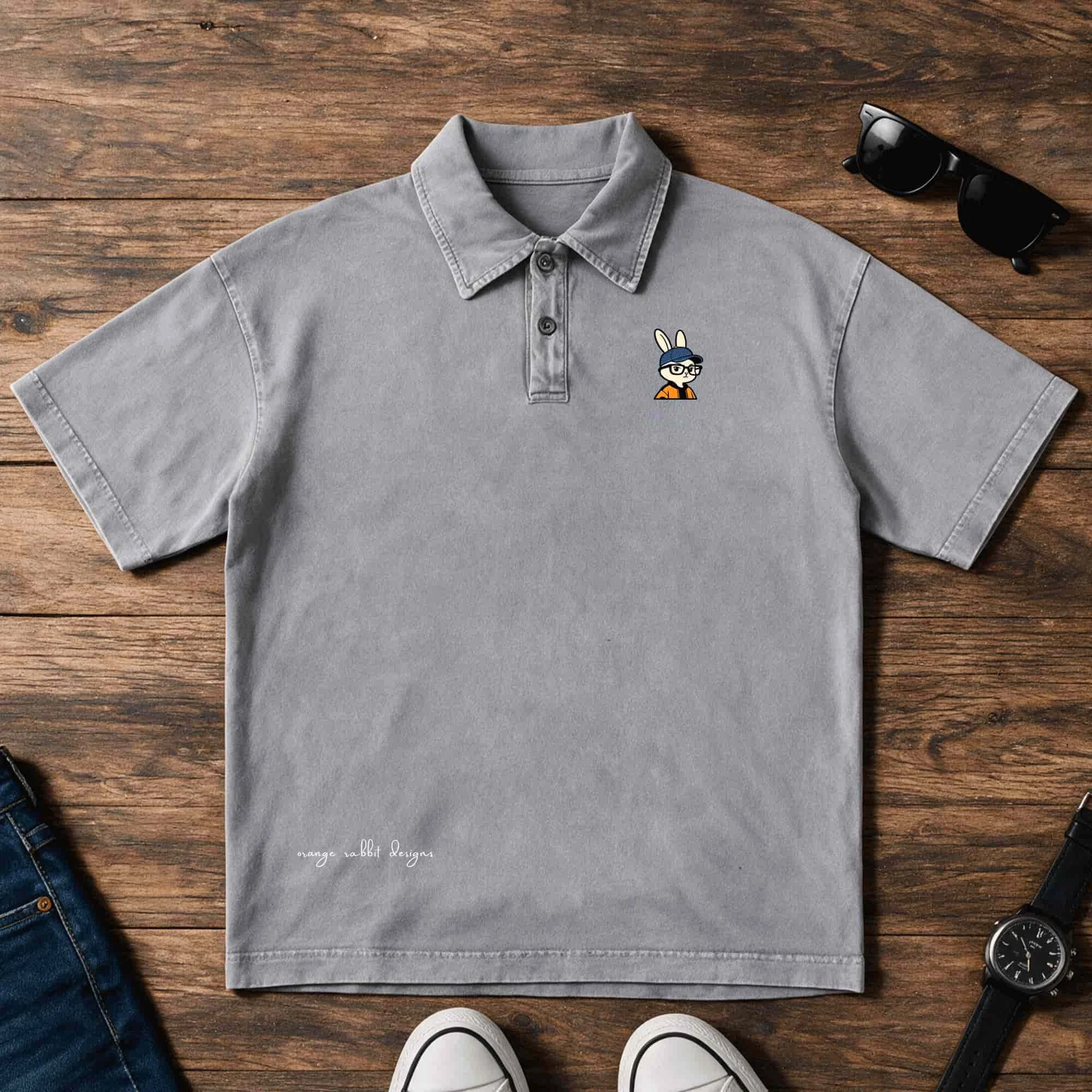 Orange Rabbit Bust Heavyweight Snow-Washed Polo T-Shirt