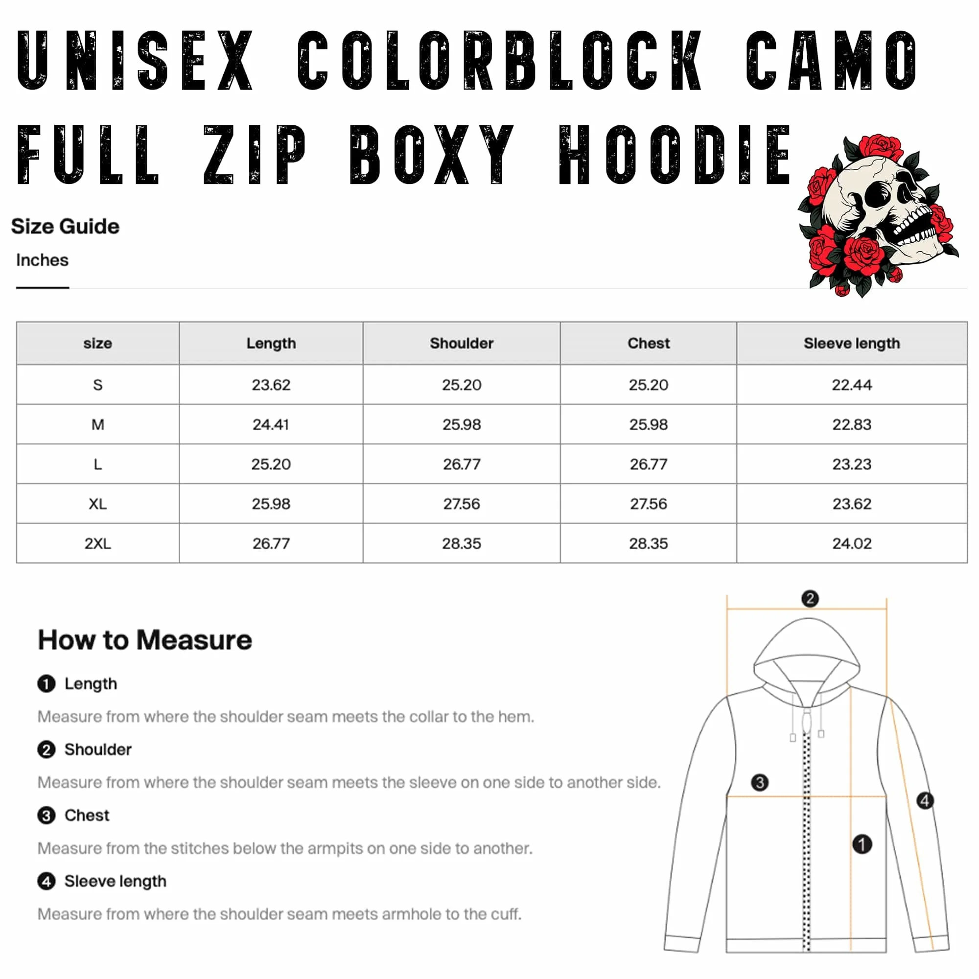 Skull & Roses Unisex Colorblock Camo Full Zip Boxy Hoodie