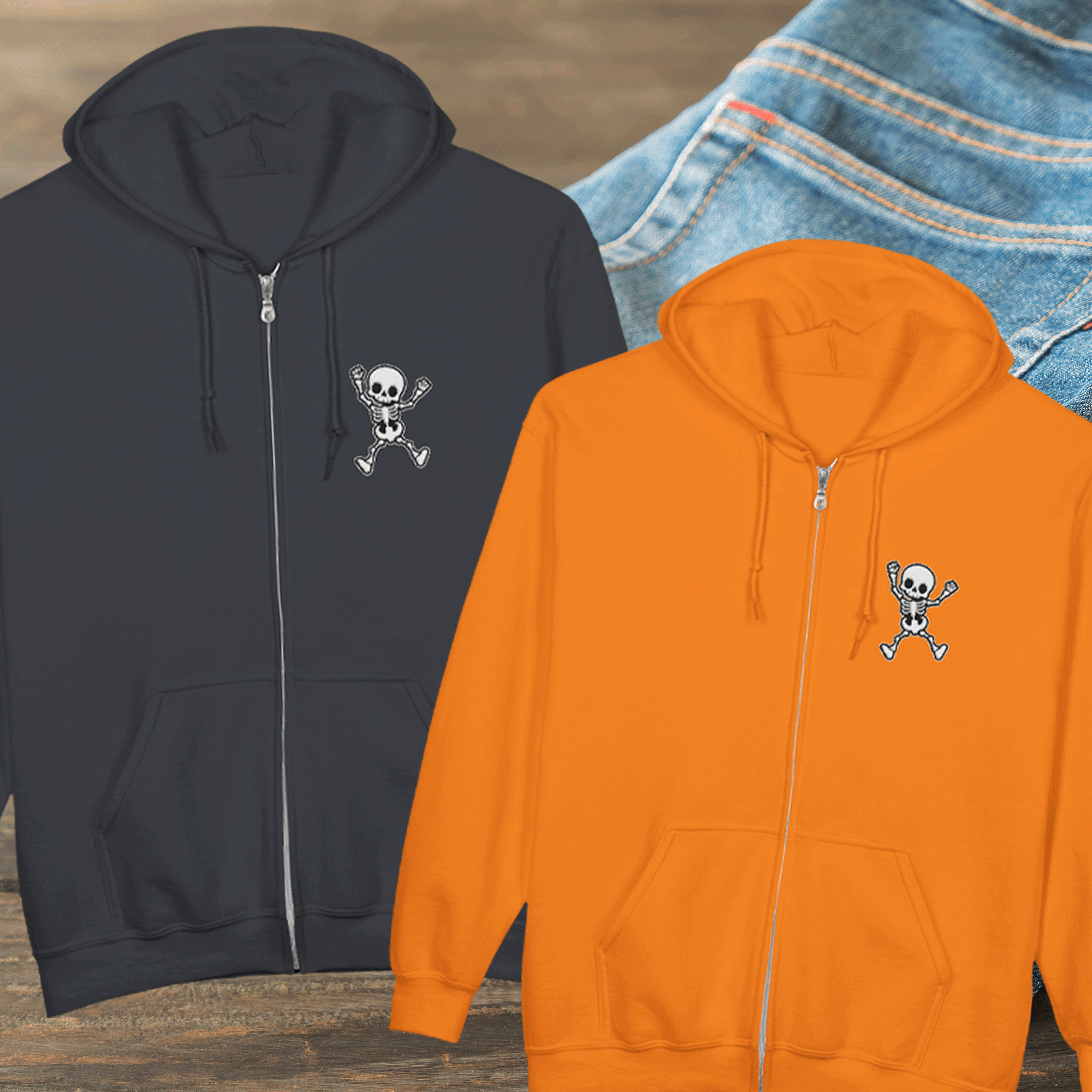 Embroidered Halloween Funny Skeleton Zip Up Hoodie