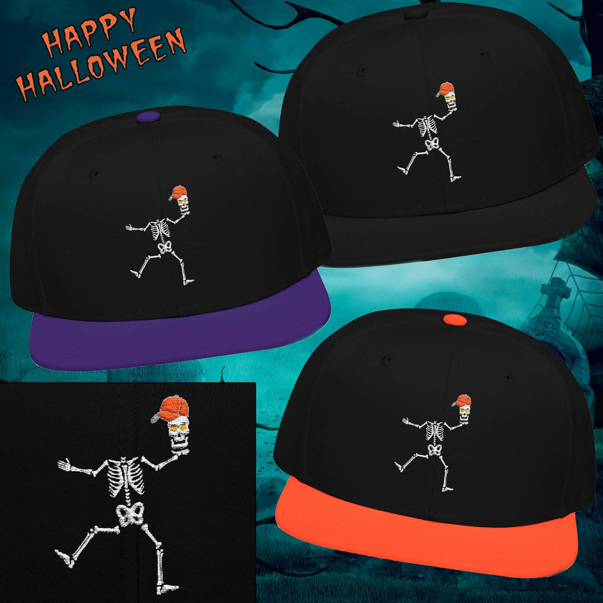 Embroidered Funny Halloween Skeleton Snapback Cap