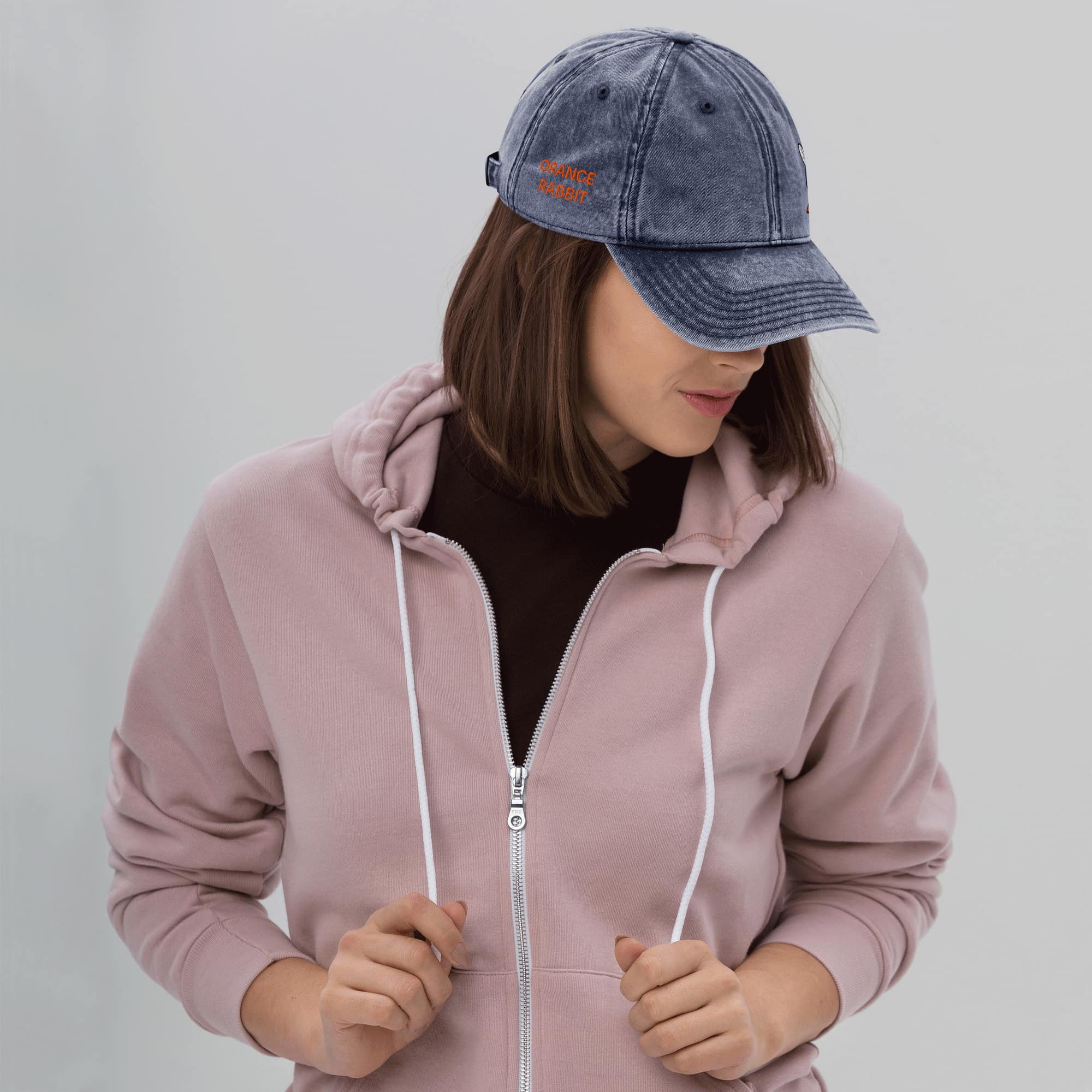 Embroidered Orange Rabbit Vintage Washed Cotton Twill Cap