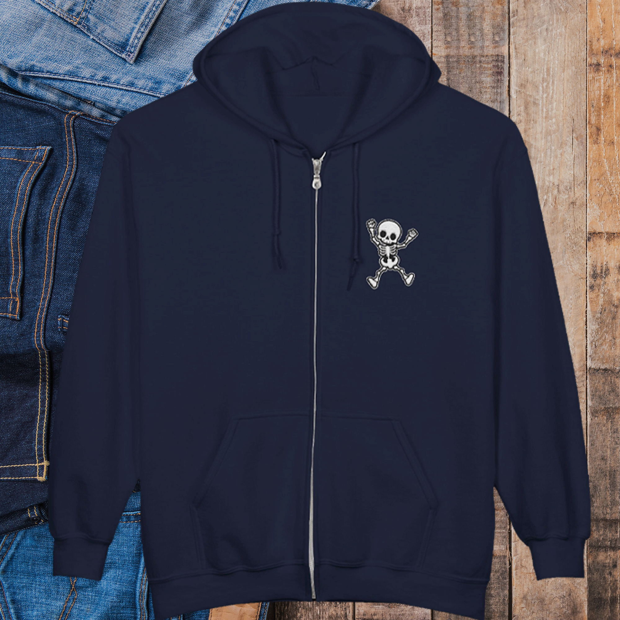 Embroidered Halloween Funny Skeleton Zip Up Hoodie
