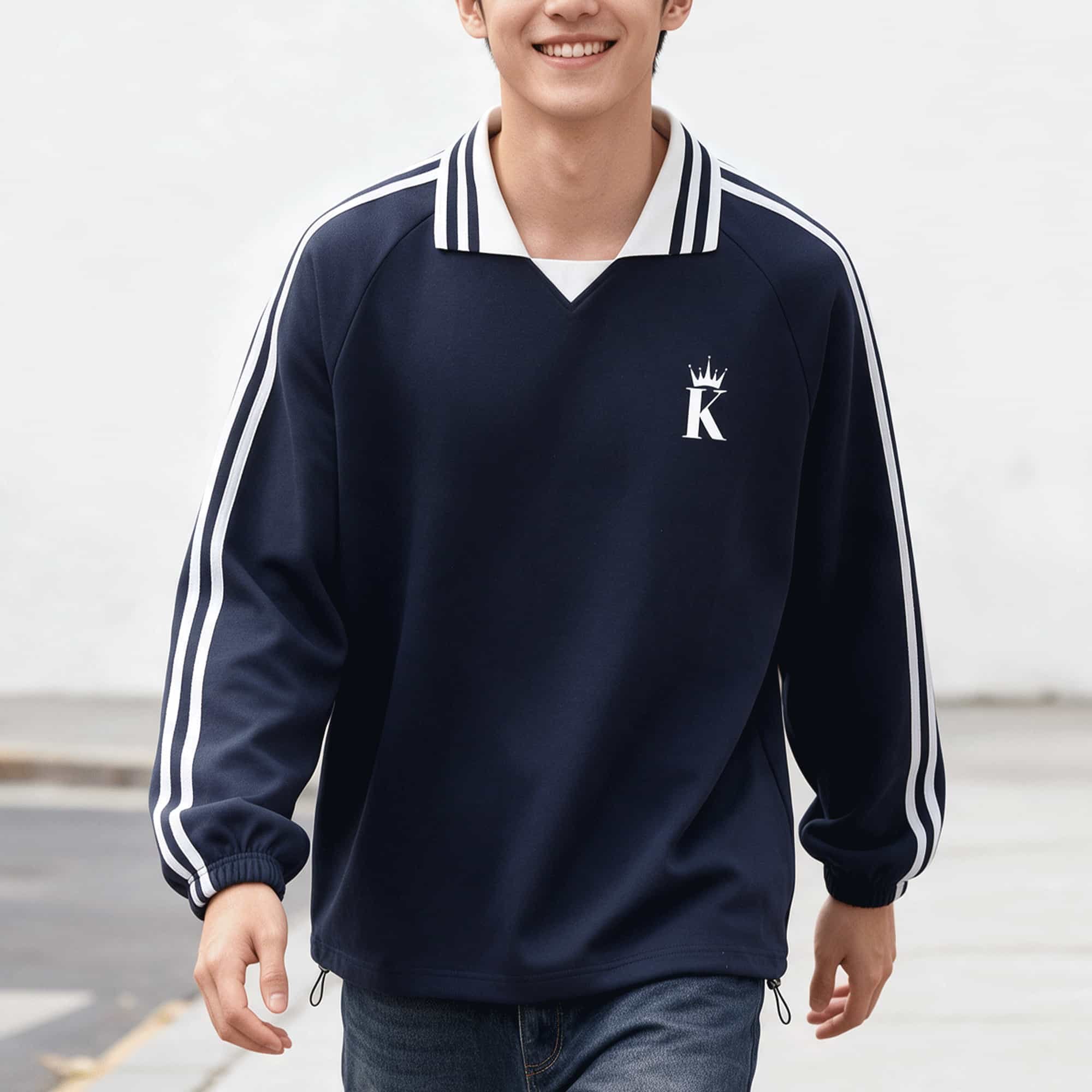 KING Contrast Striped Lapel Collar Sweatshirt