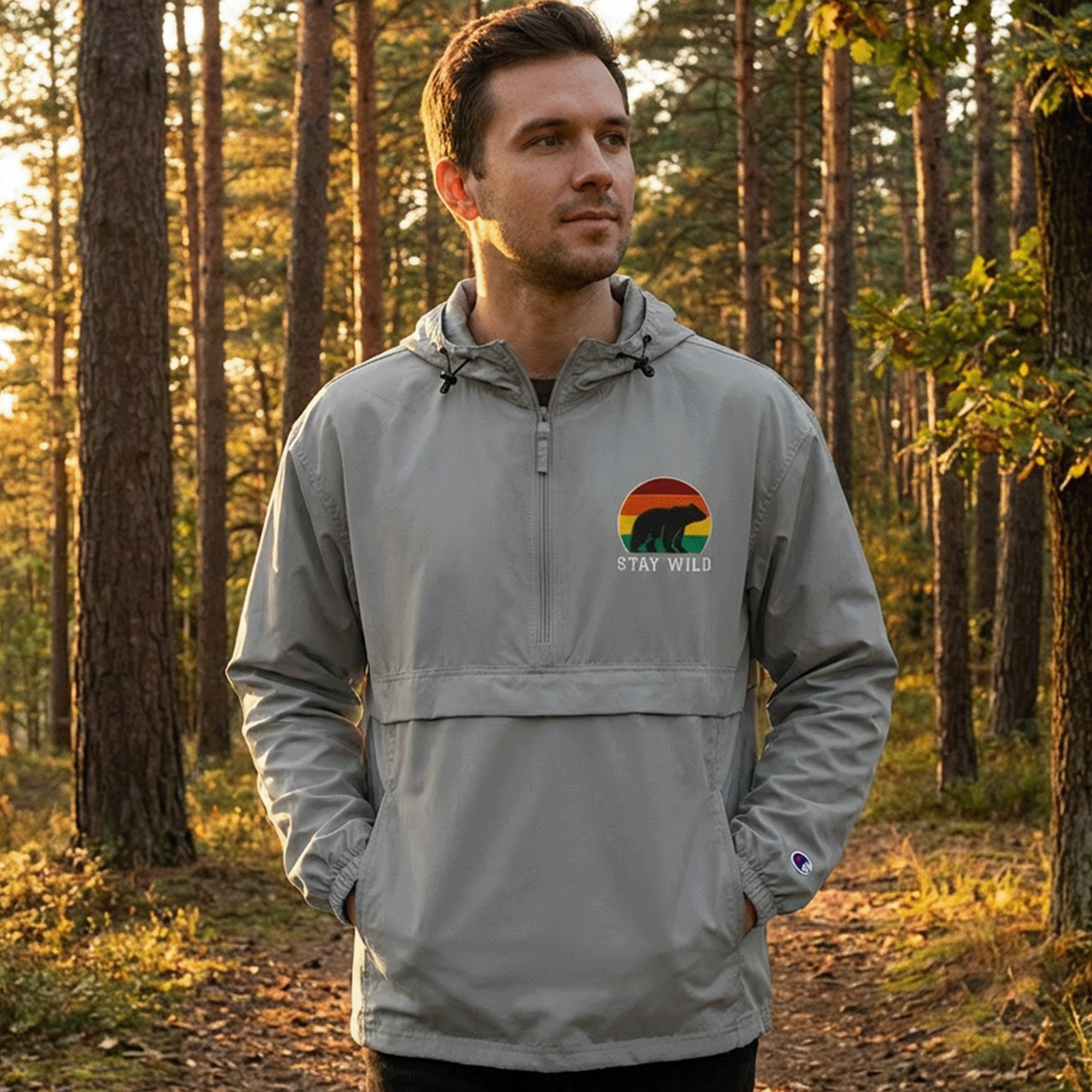Stay Wild Bear Embroidered Champion Packable Jacket