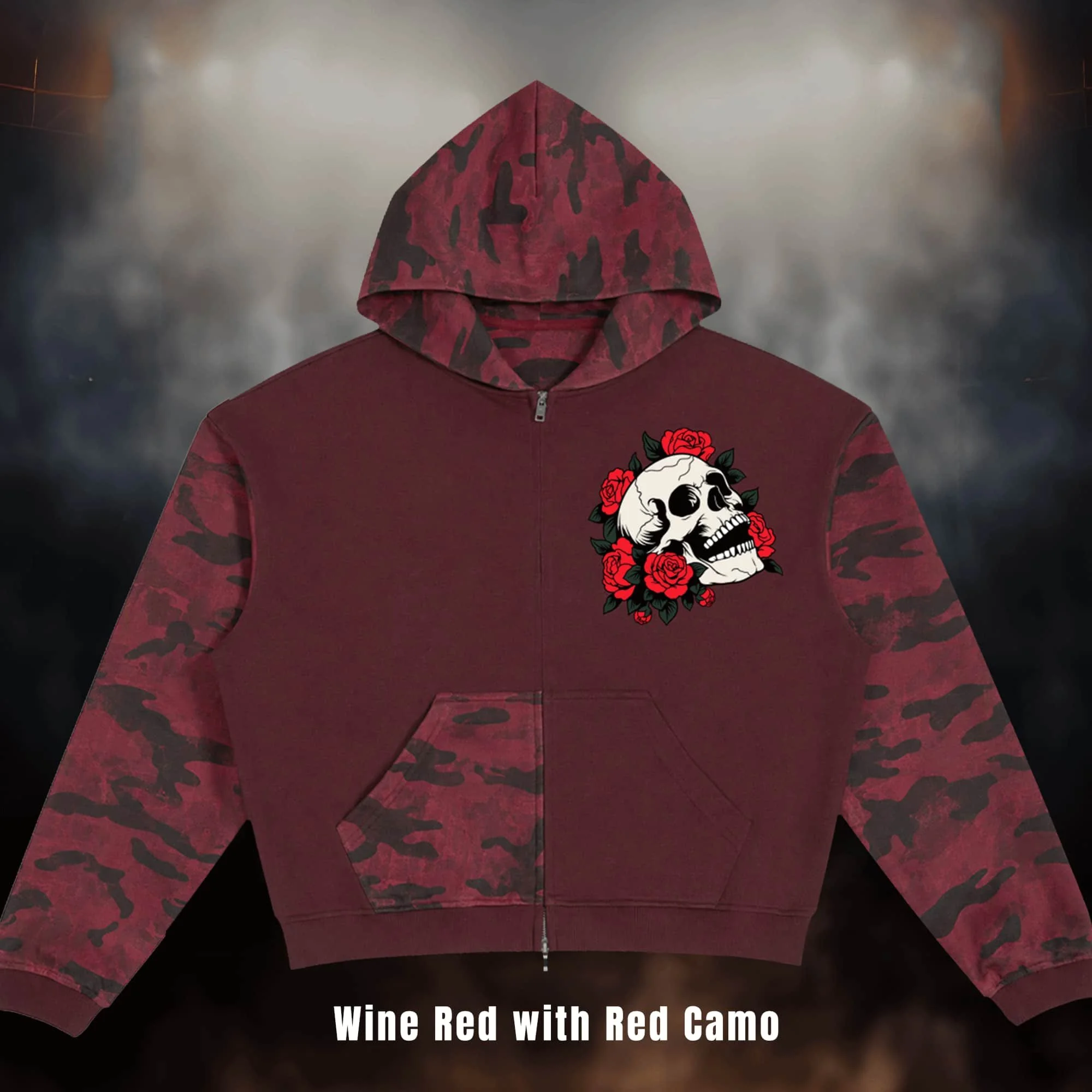 Skull & Roses Unisex Colorblock Camo Full Zip Boxy Hoodie