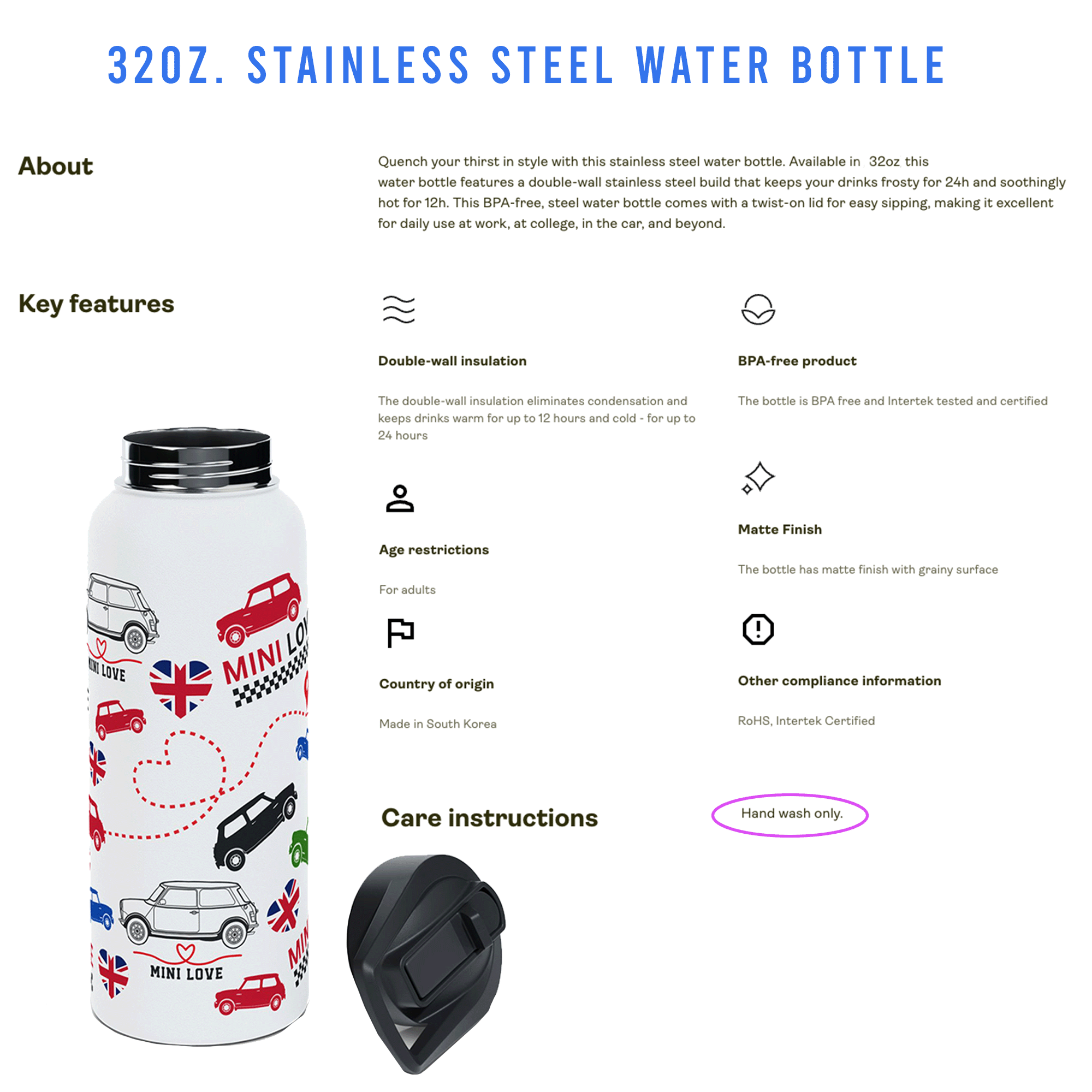 Mini Cooper 32oz Stainless sports bottle