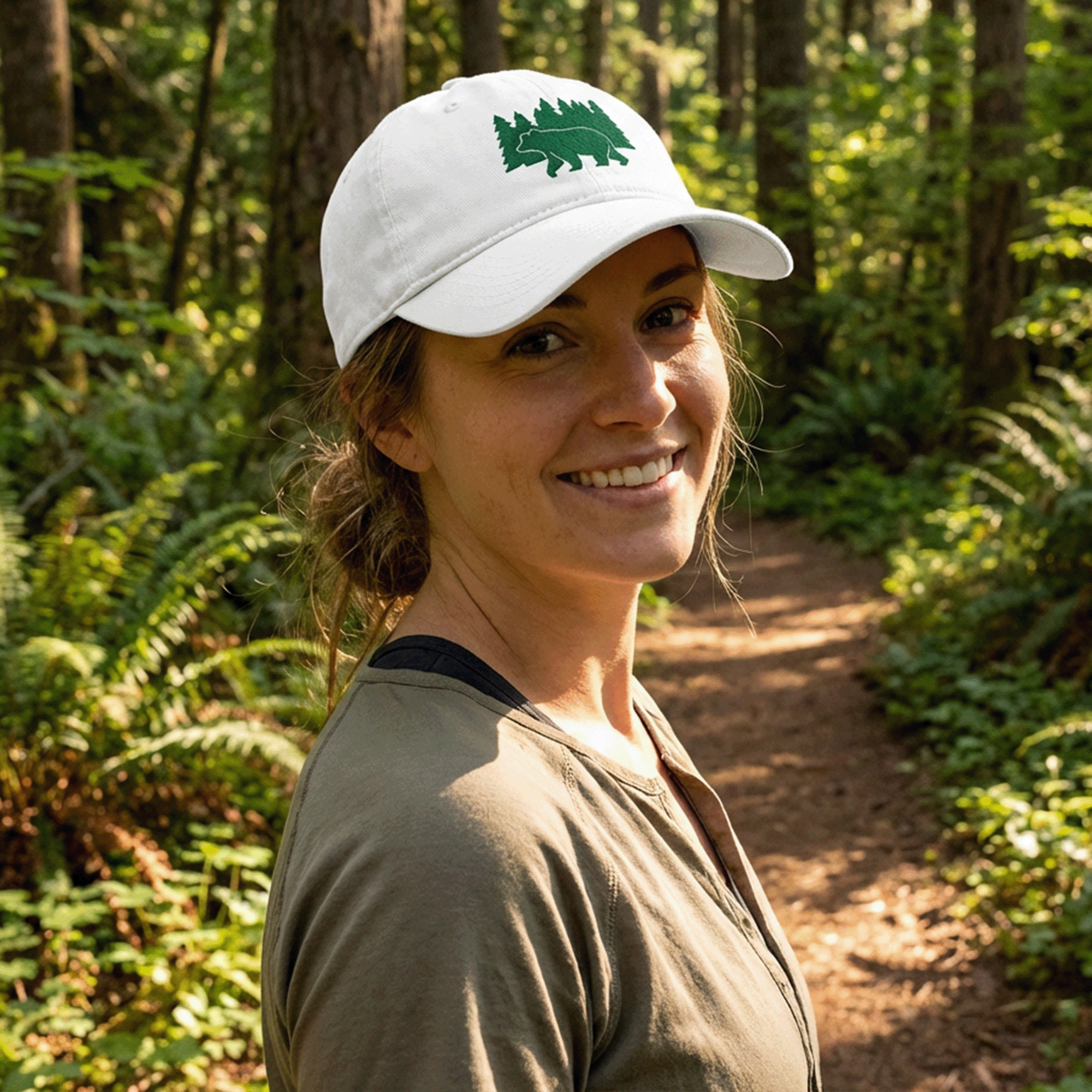 Embroidered Bear and Green Trees Low-profile Cap