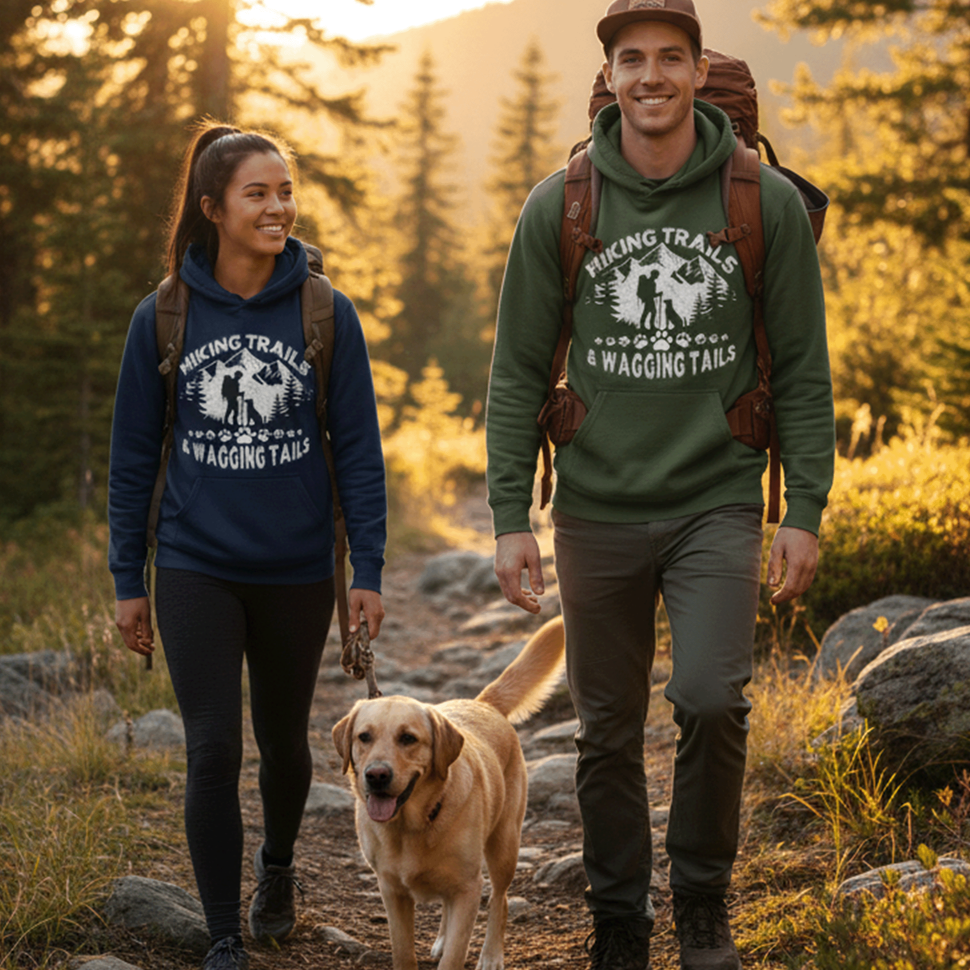 A man and a woman hiking on a trail with a dog, wearing matching outdoor hoodies, in a forest during sunset.