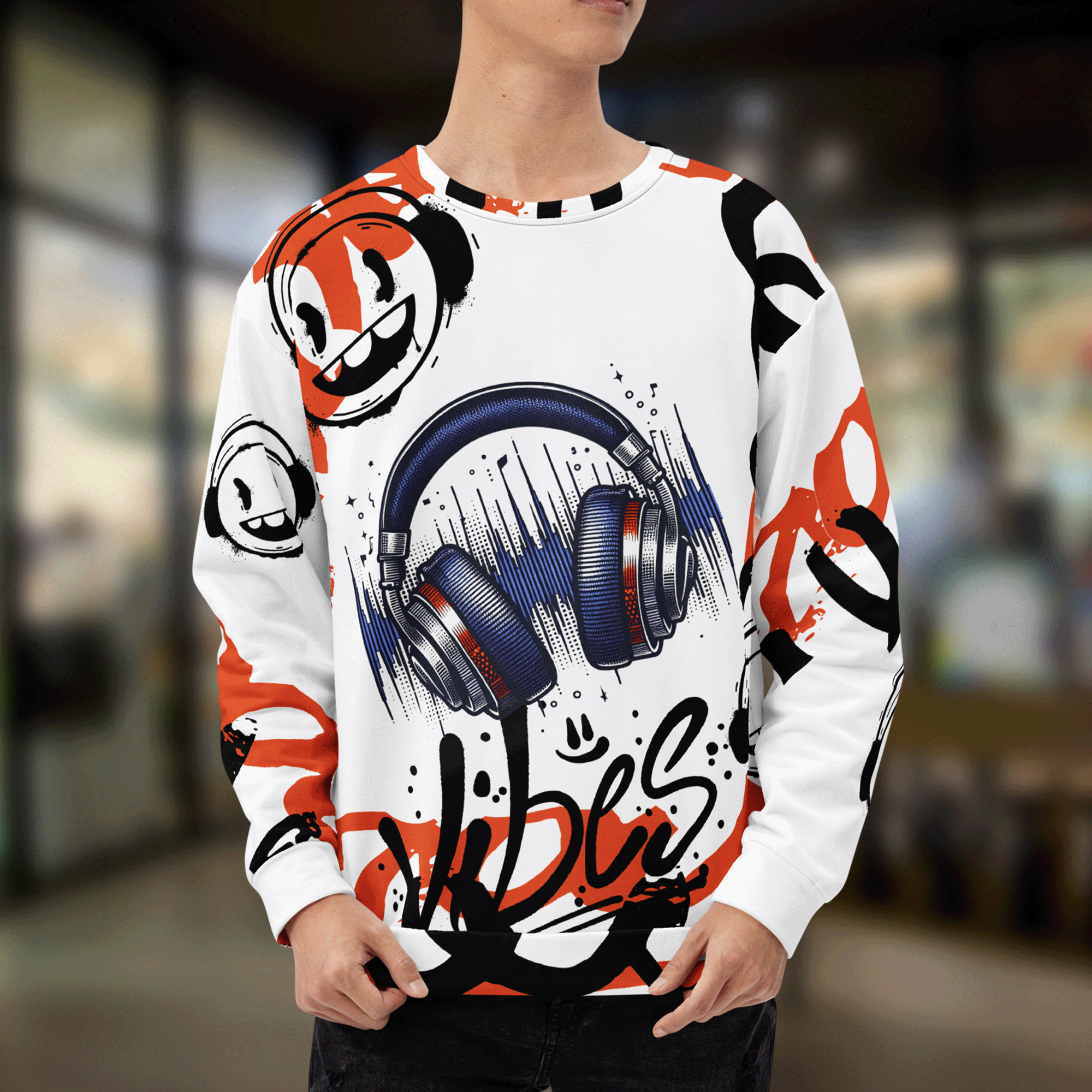 Good Vibes Headphones Graffiti Style Unisex Cotton Sweatshirt