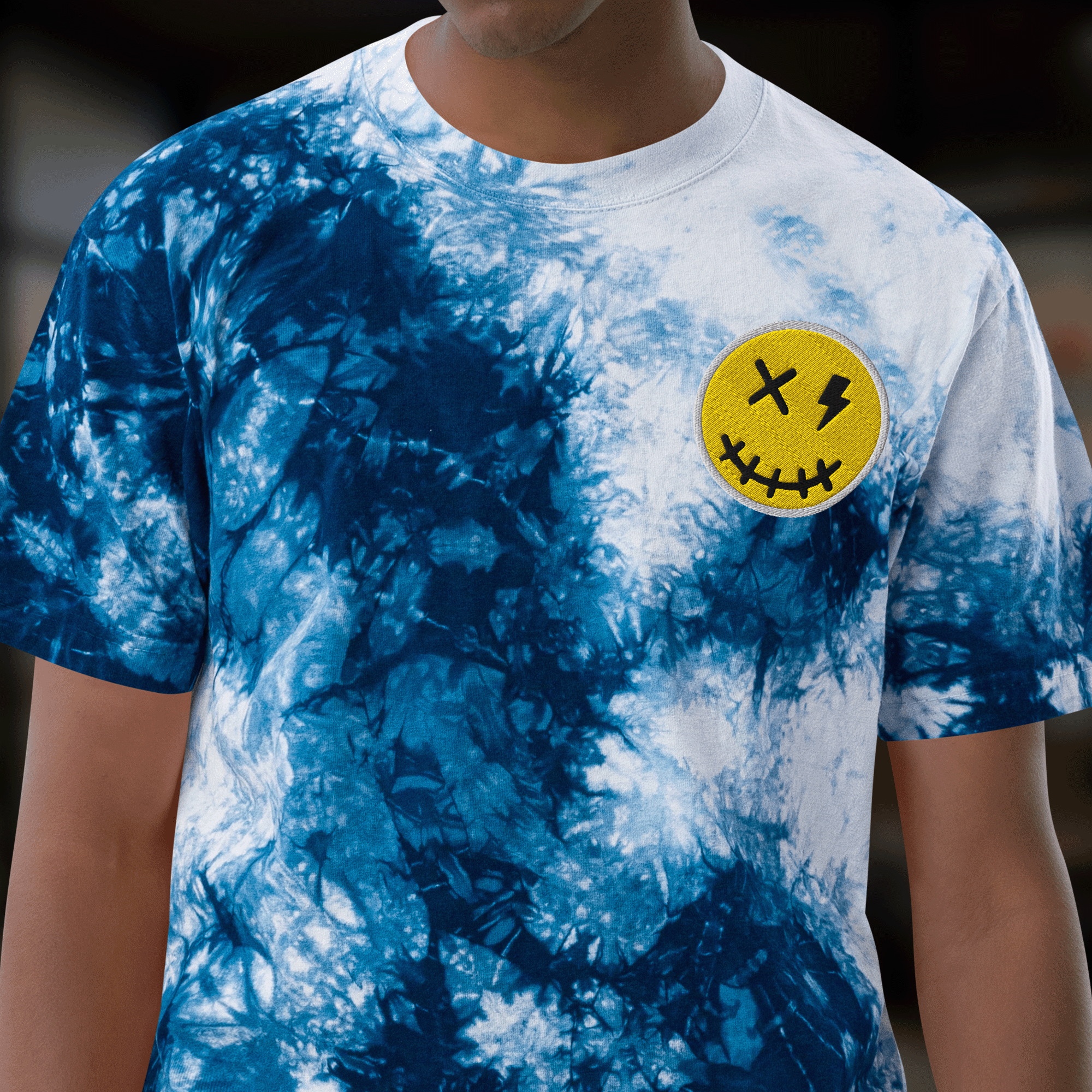 Embroidered Streetwear Smiley Tie-Dye T-Shirt