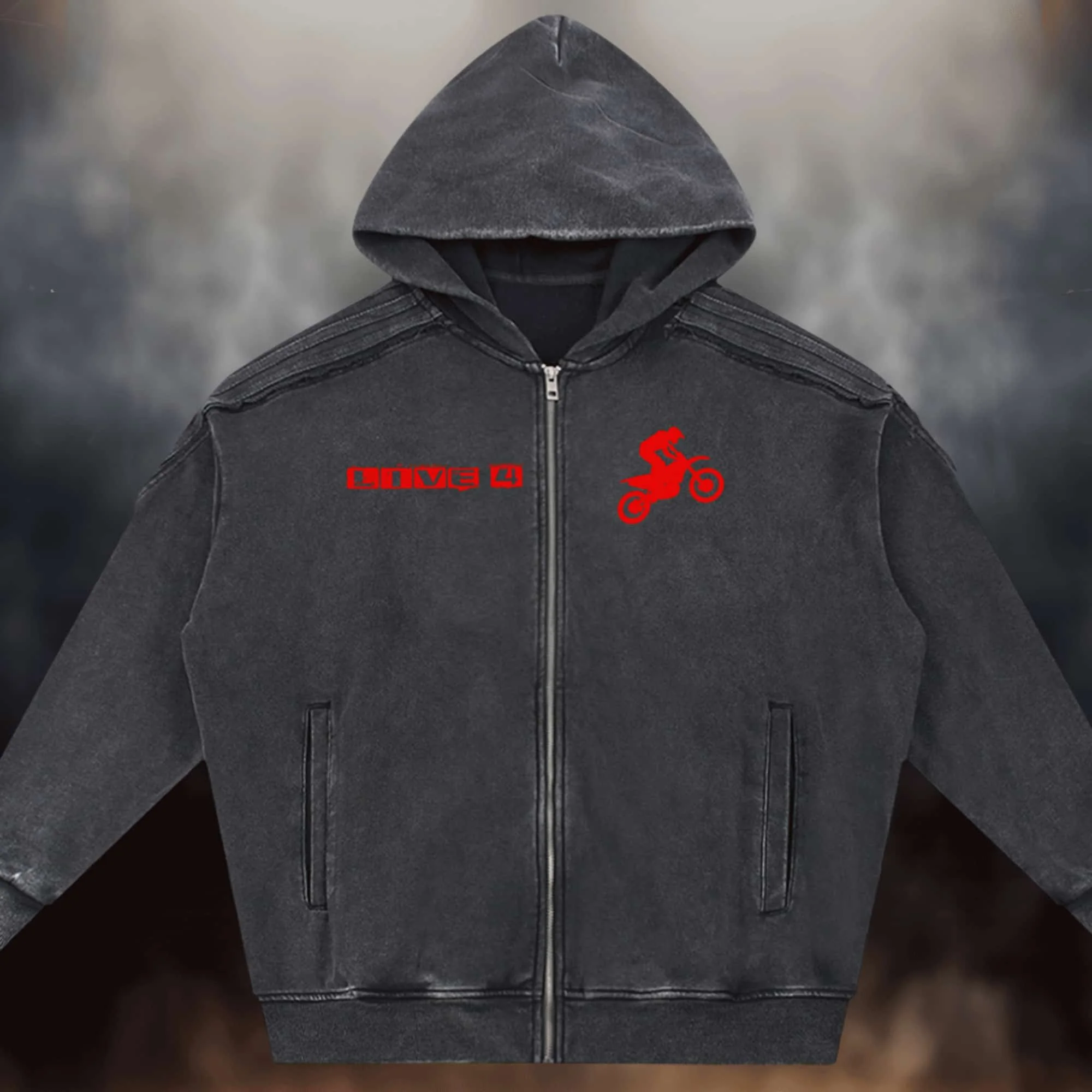Live 4 Motocross Snow Washed Raw Edge Shoulder Stripes Zip Up Hoodie