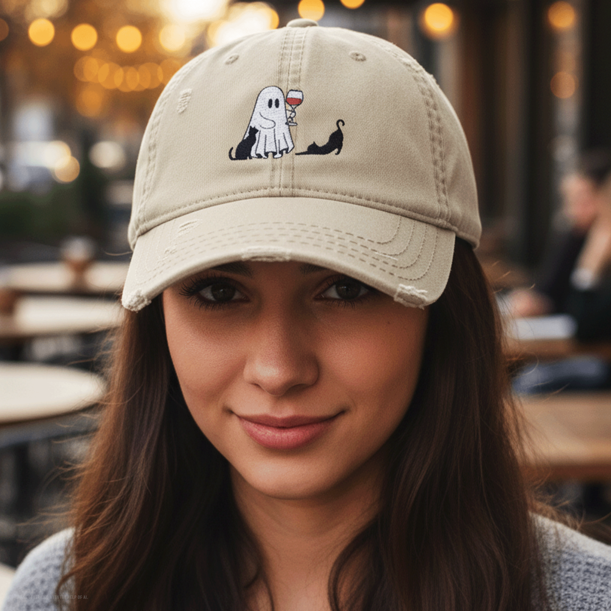 Embroidered Halloween Ghost Drinking Wine Distressed Dad Hat
