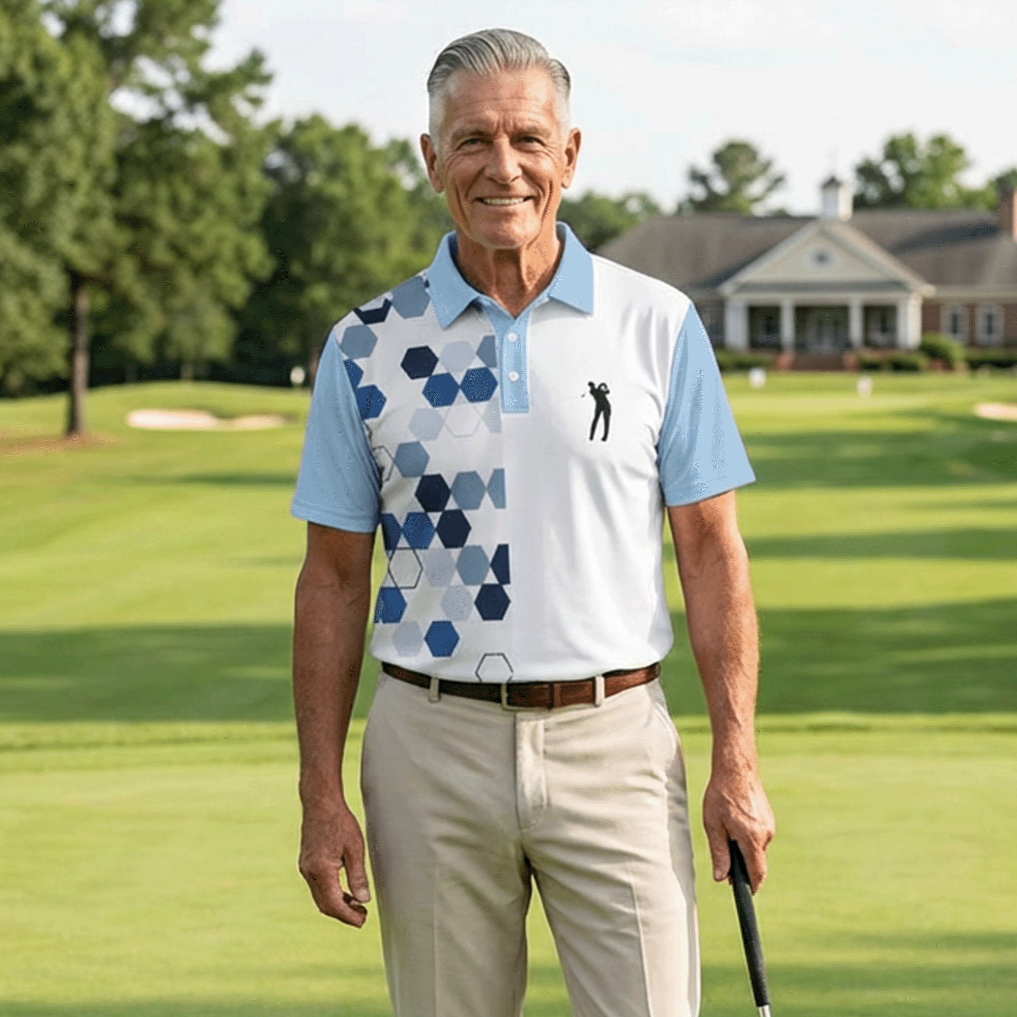 Blue Hexagon Pattern Golf Polo Shirt