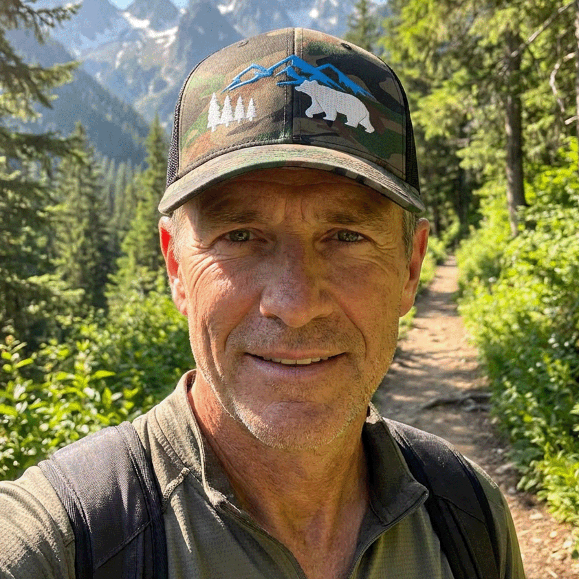 Embroidered Mountain Bear Camouflage Trucker Hat
