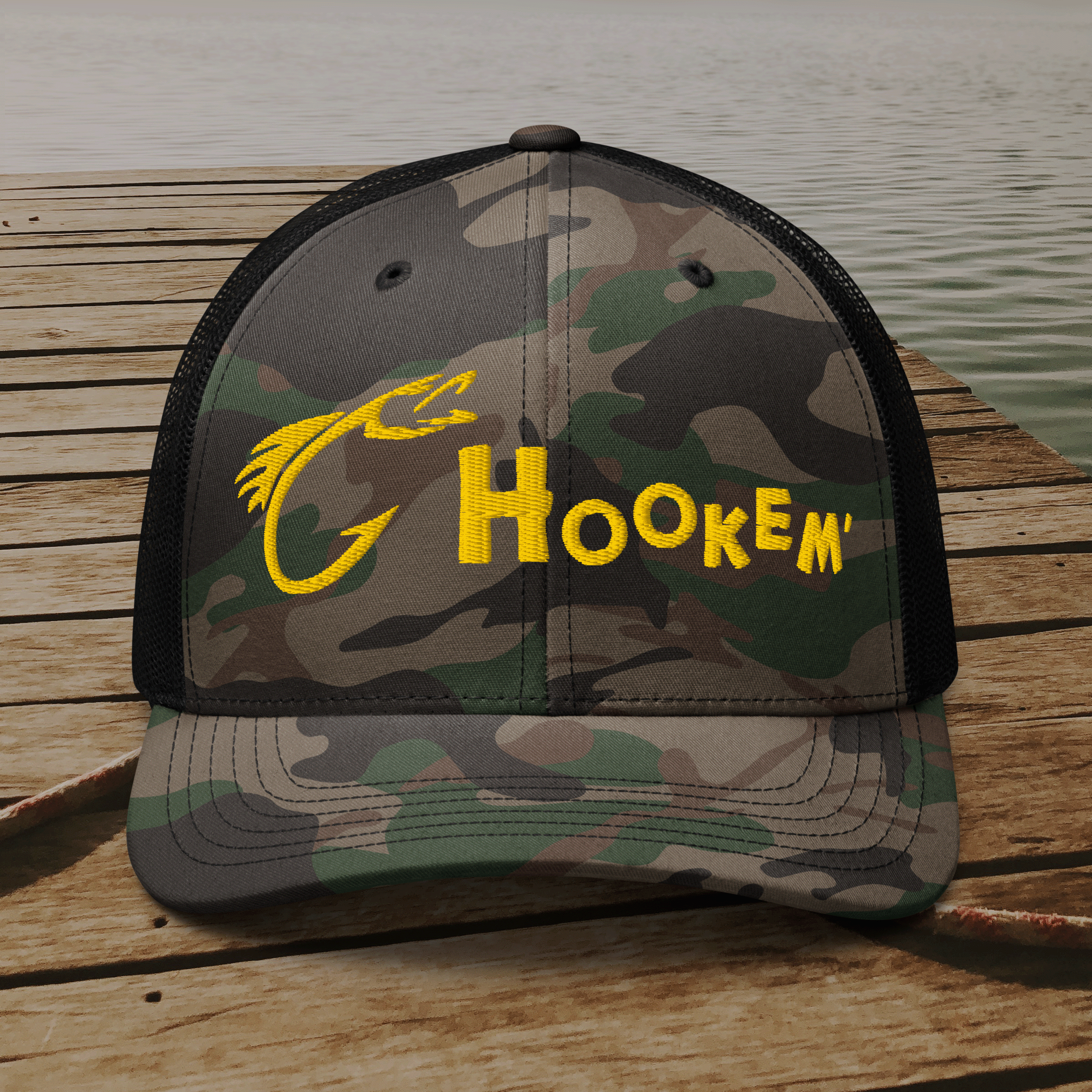 Embroidered Hookem Fishing Camouflage Trucker Hat