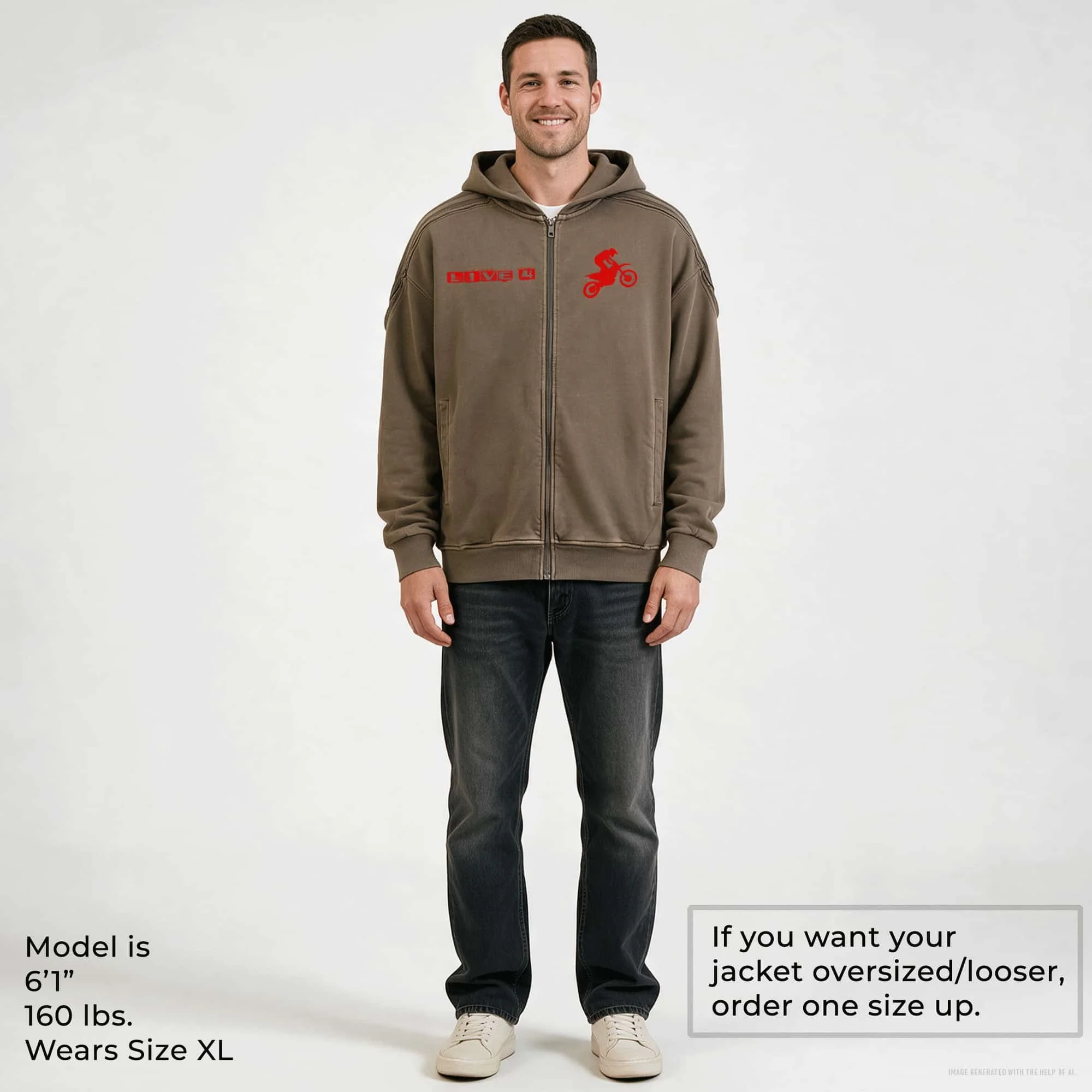 Live 4 Motocross Snow Washed Raw Edge Shoulder Stripes Zip Up Hoodie