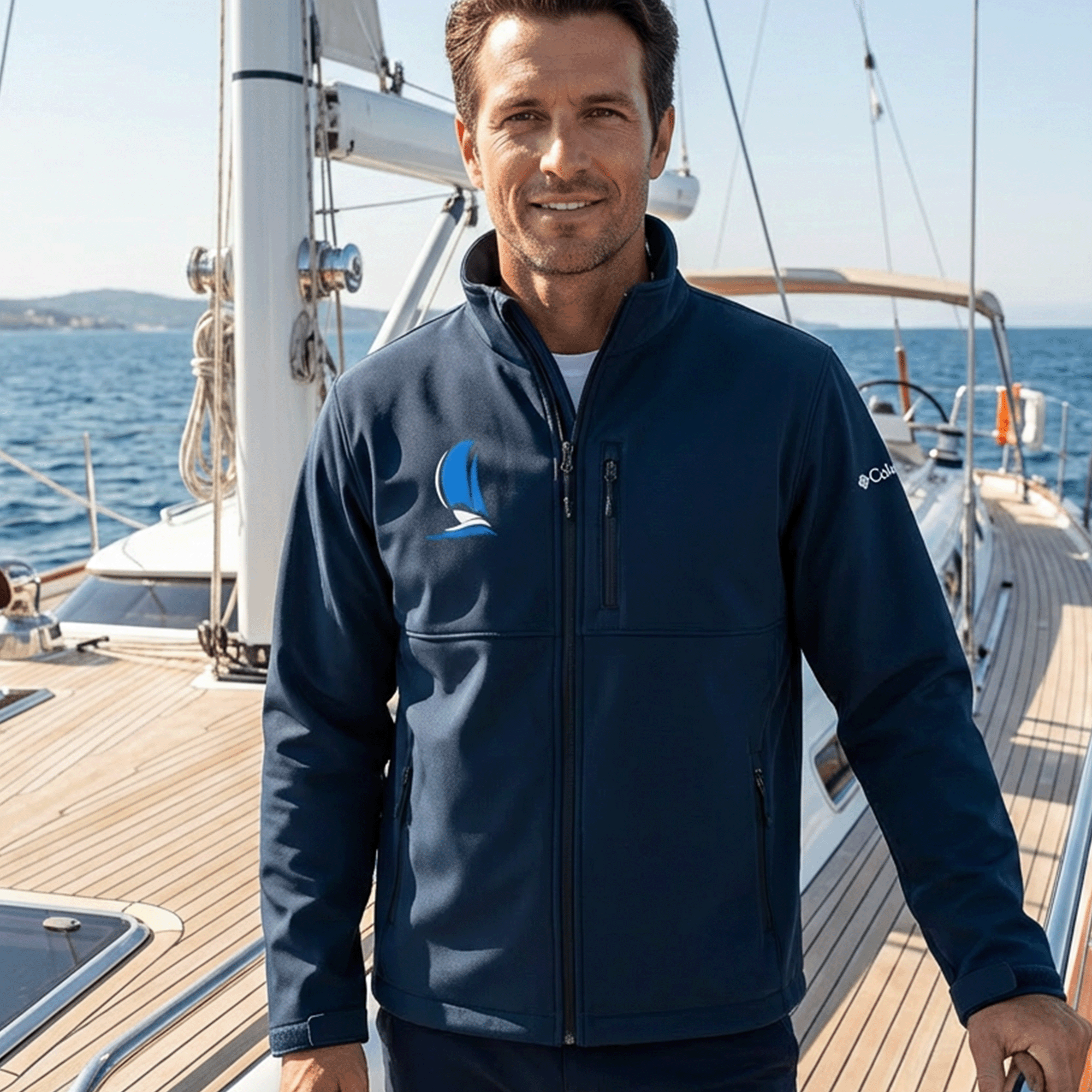 A man in a blue Columbia jacket standing on a yacht with the ocean in the background.