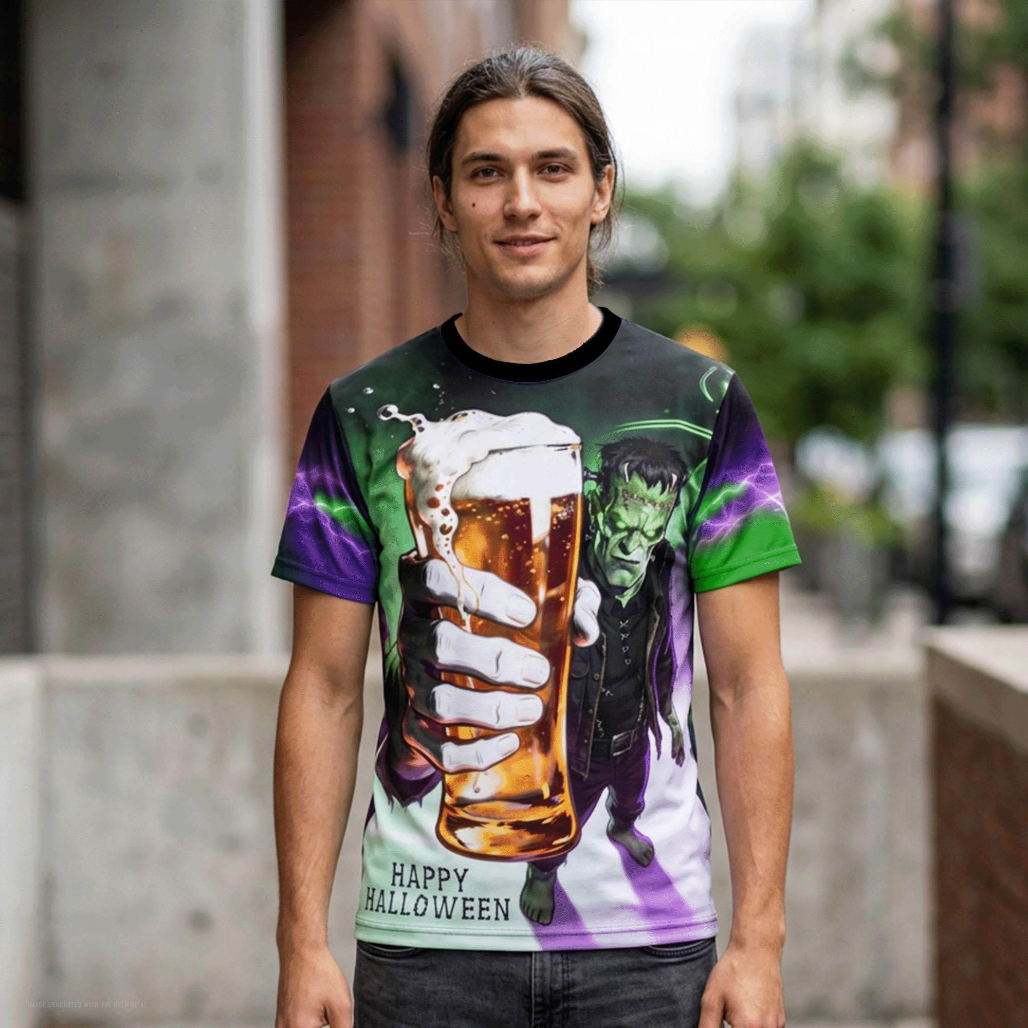 Frankenstein Halloween Cheers All-Over Print Tee