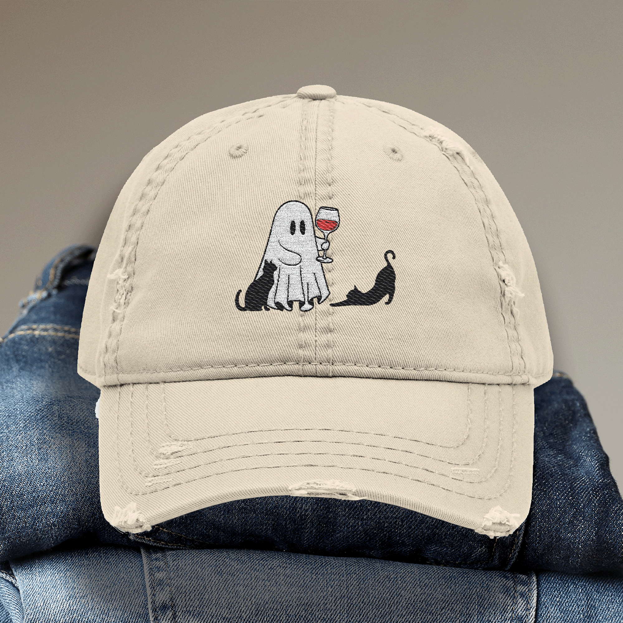 Embroidered Halloween Ghost Drinking Wine Distressed Dad Hat