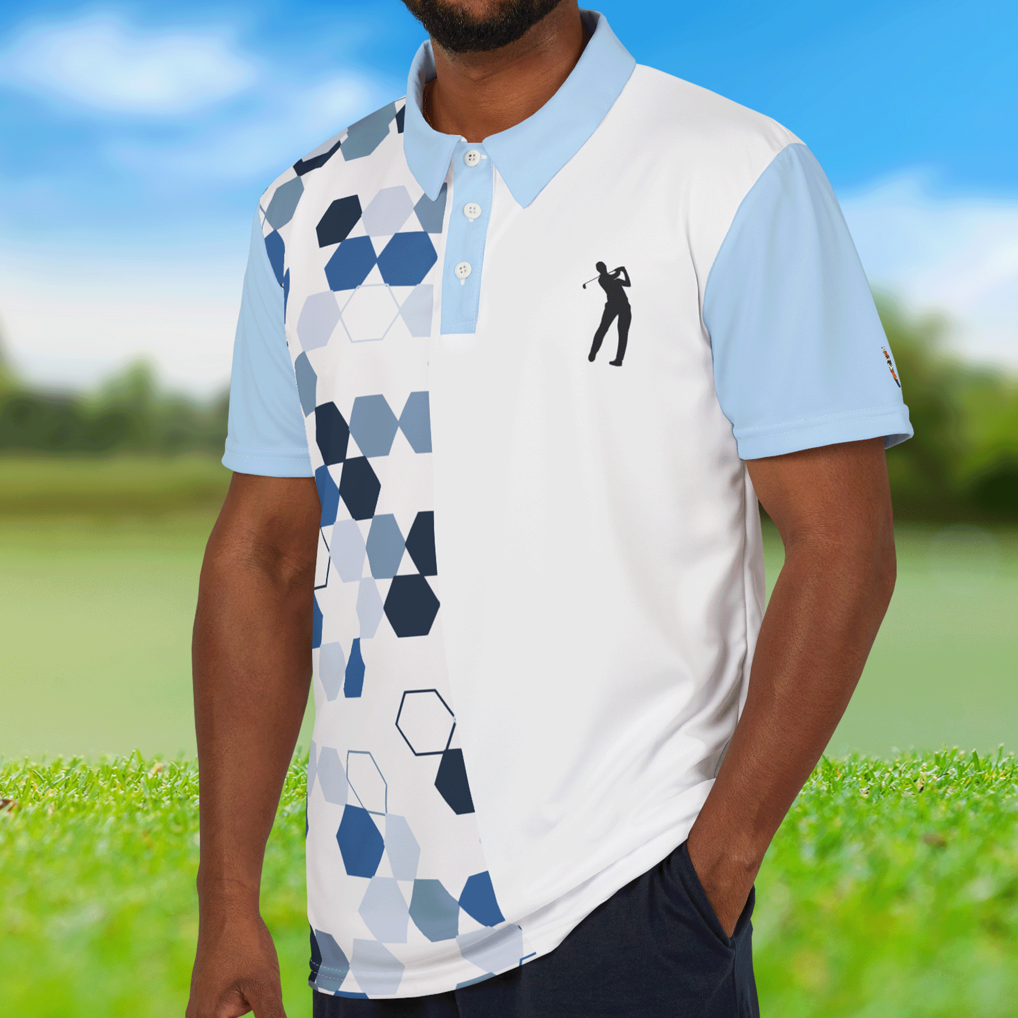 Blue Hexagon Pattern Golf Polo Shirt