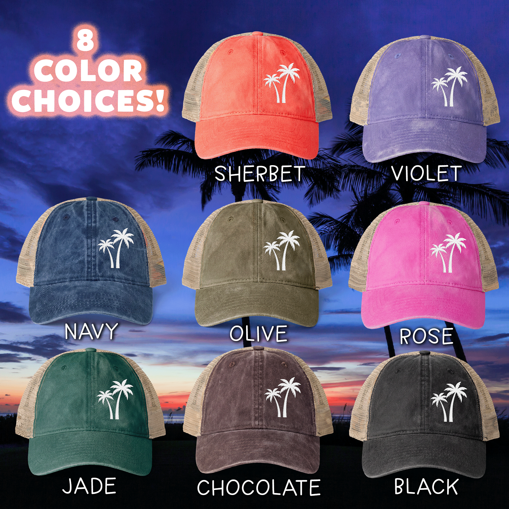 Embroidered White Palm Trees TESS Cap