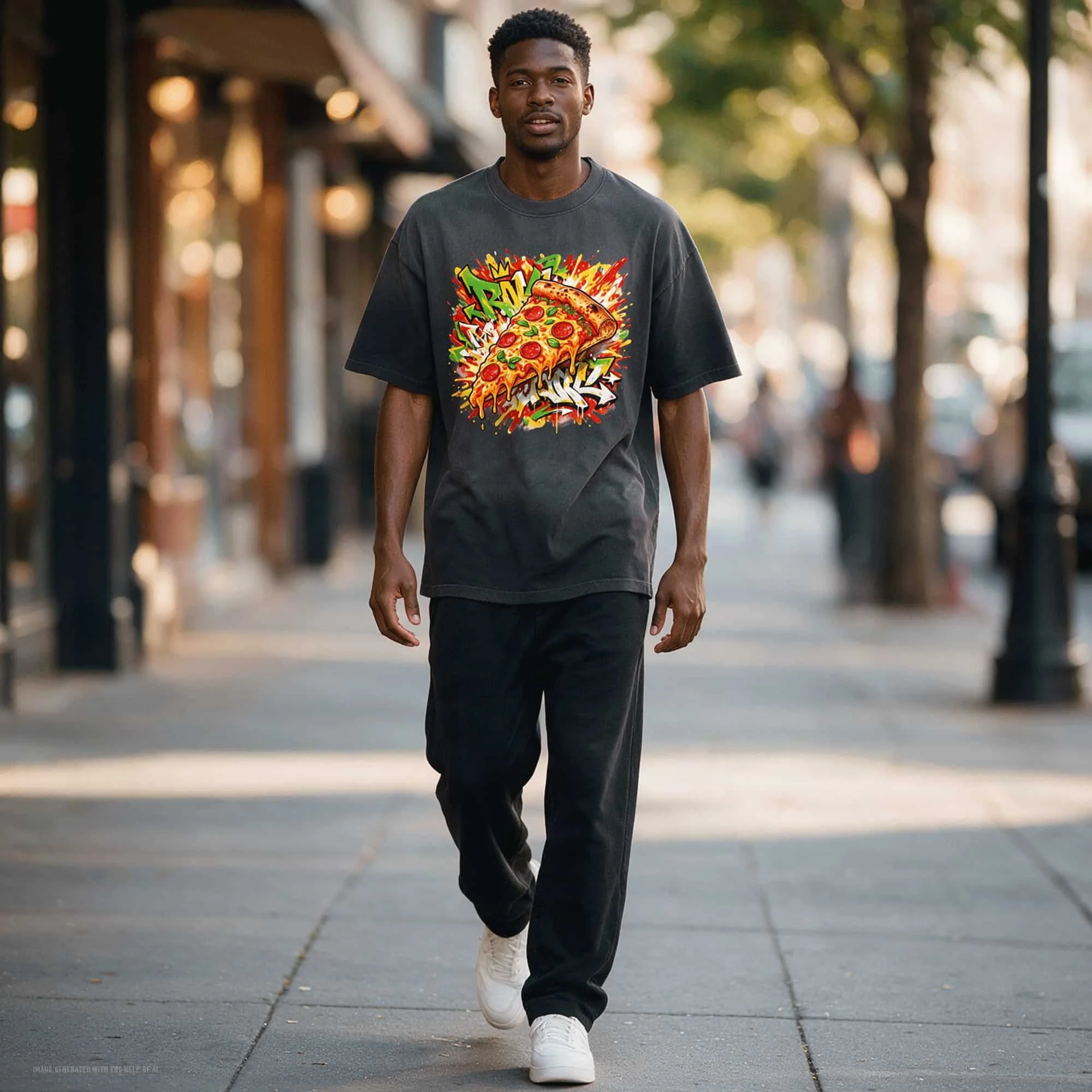 Pizza Graffiti Sun Faded Hand-Frayed Cotton T-Shirt