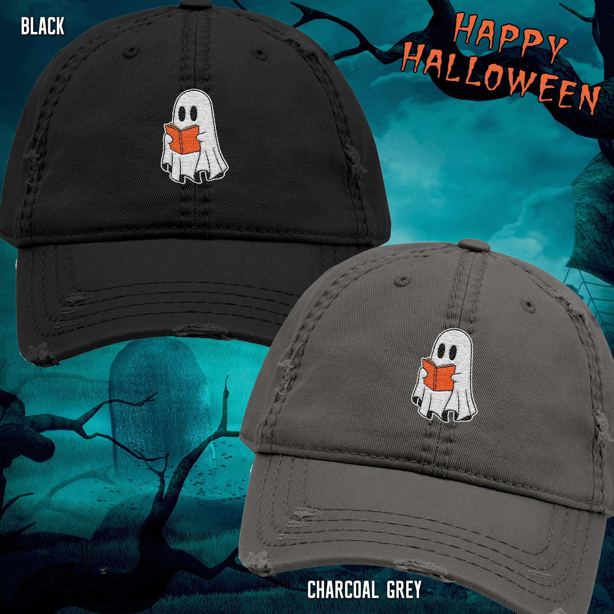 Embroidered Halloween Ghost Reading Book Distressed Dad Hat