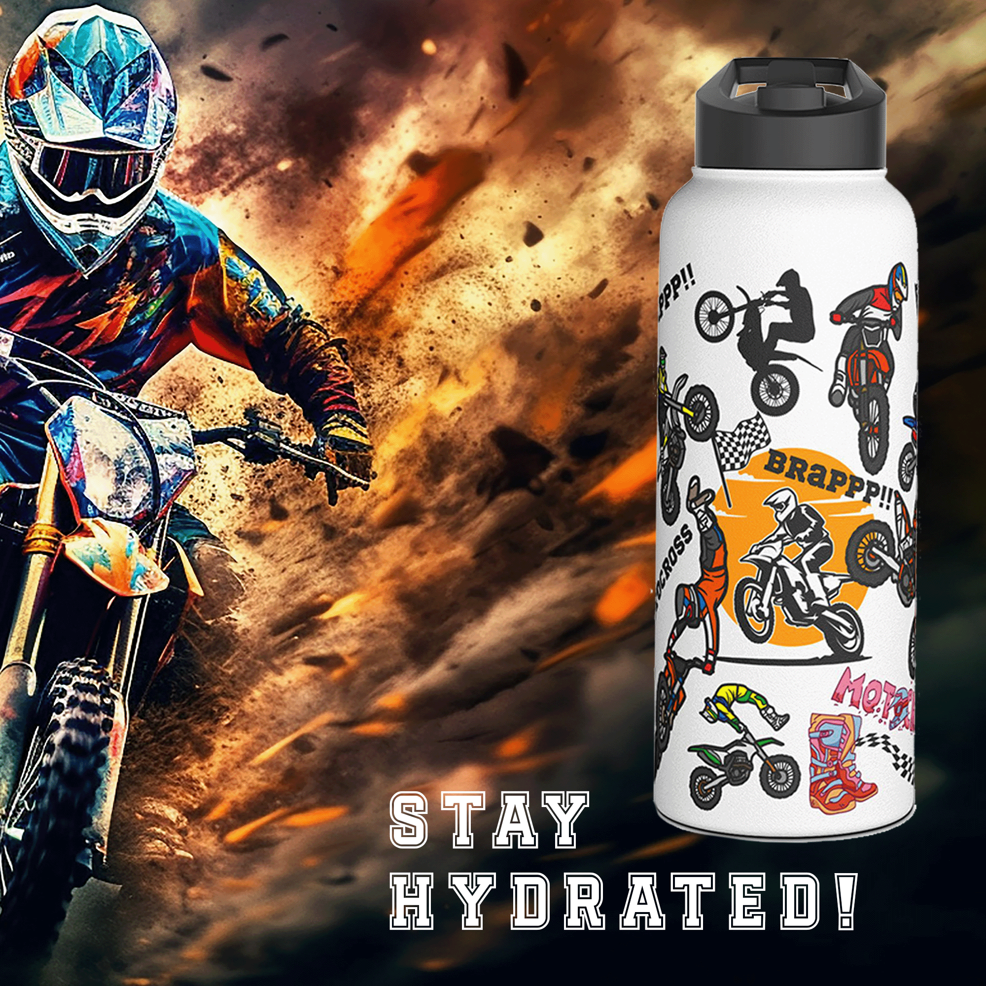 Motocross 32oz Stainless Steel Sports Bottle