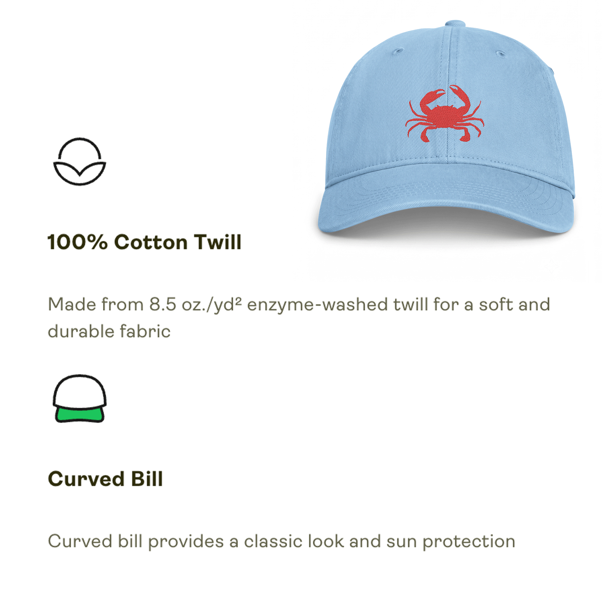 Embroidered Red Crab Coastal Washed Cap