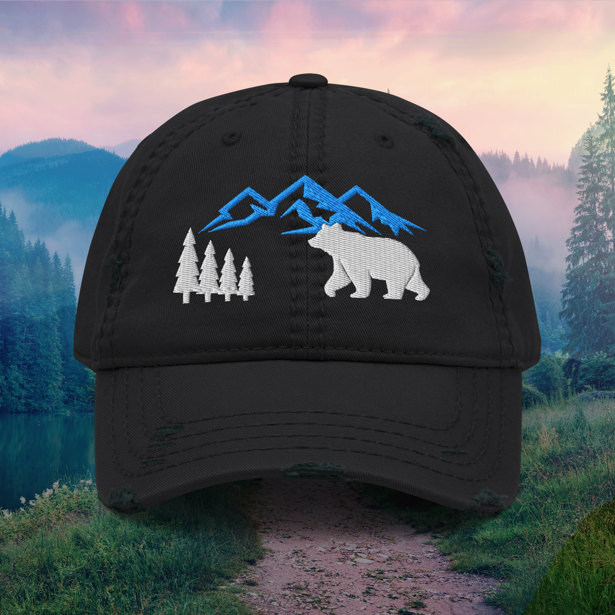 Embroidered Mountain Bear Distressed Dad Hat