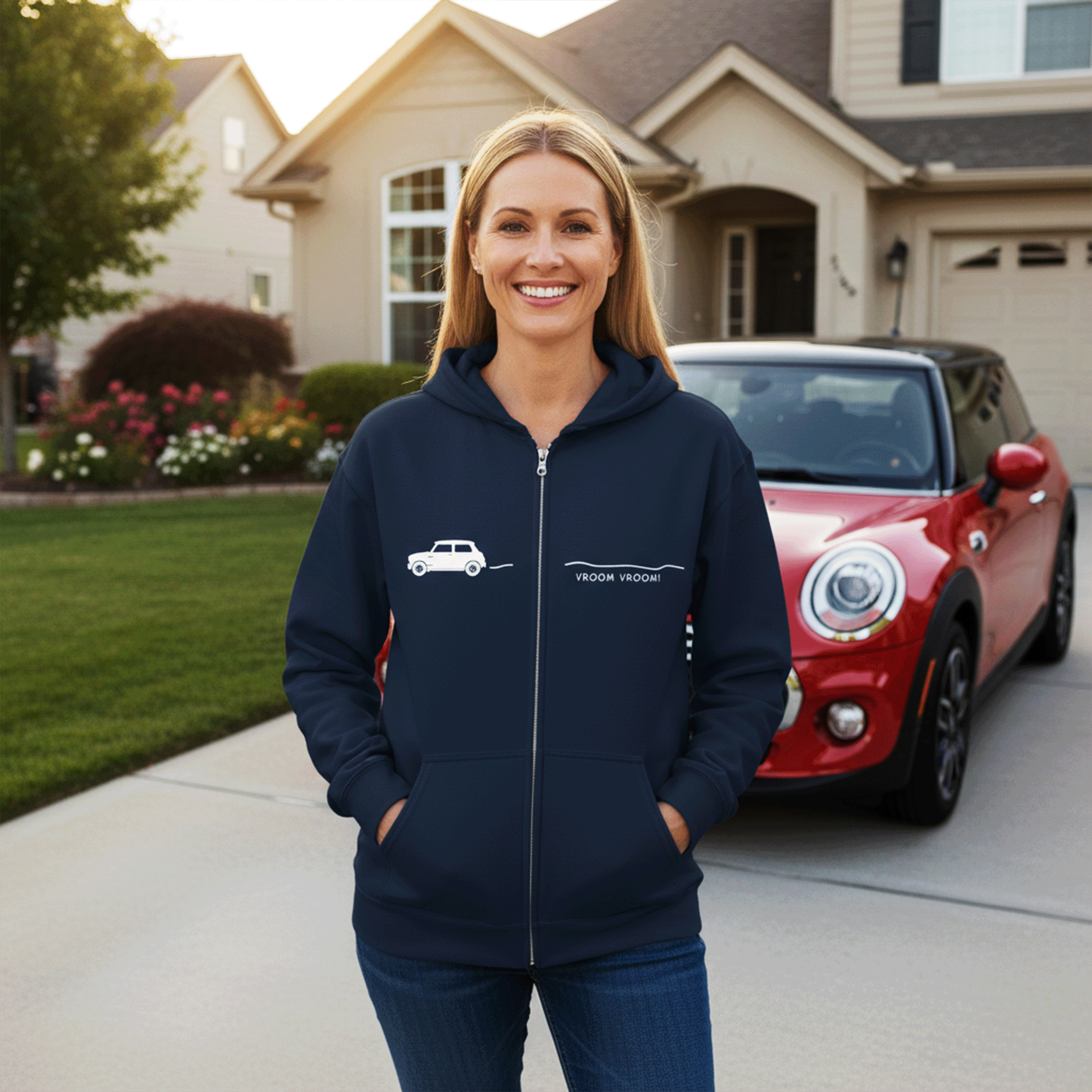 Smiling woman standing outdoors in front of a house with a red car parked behind her.