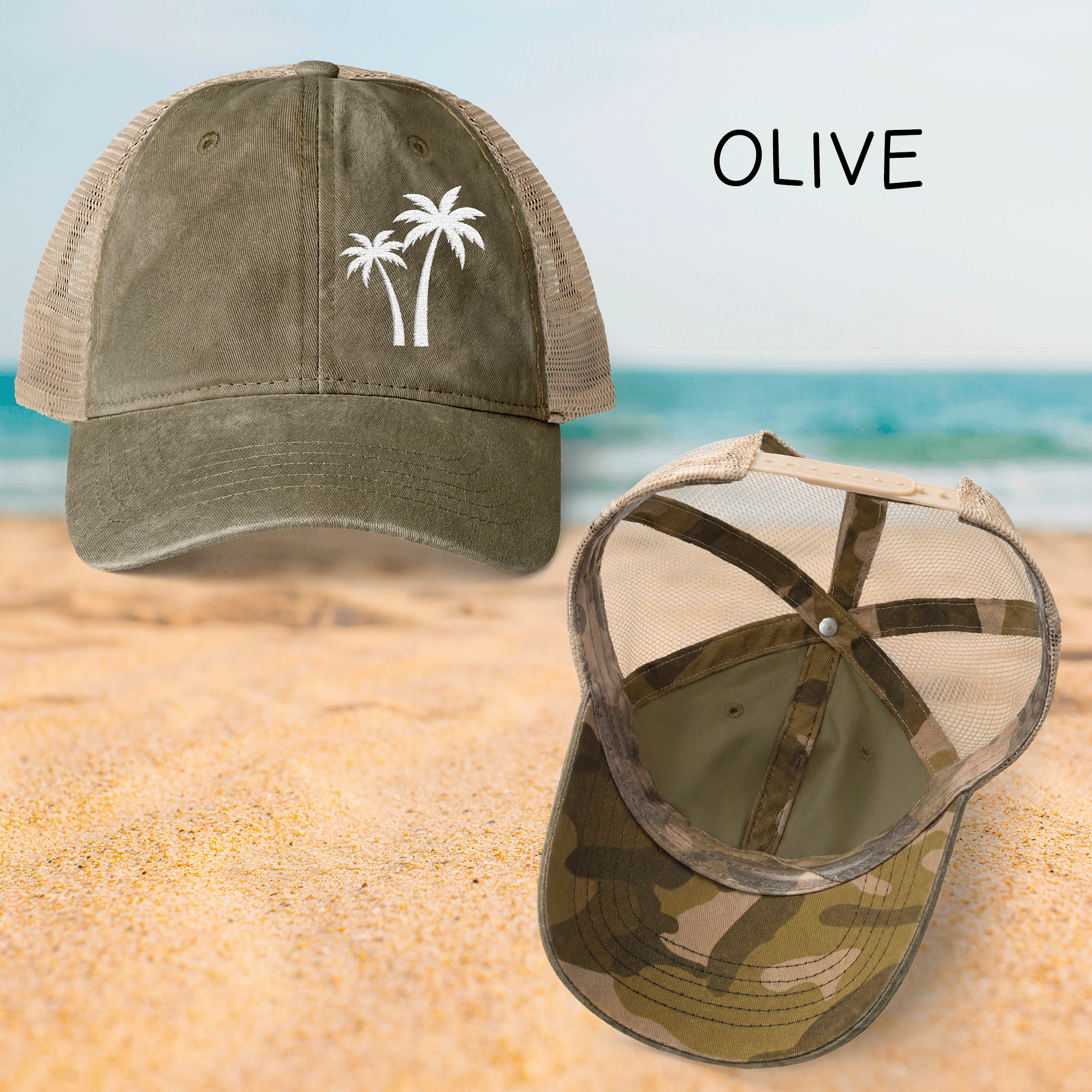 Embroidered White Palm Trees TESS Cap