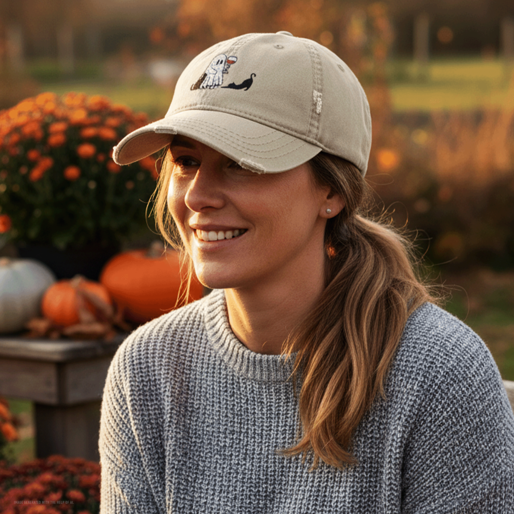Embroidered Halloween Ghost Drinking Wine Distressed Dad Hat