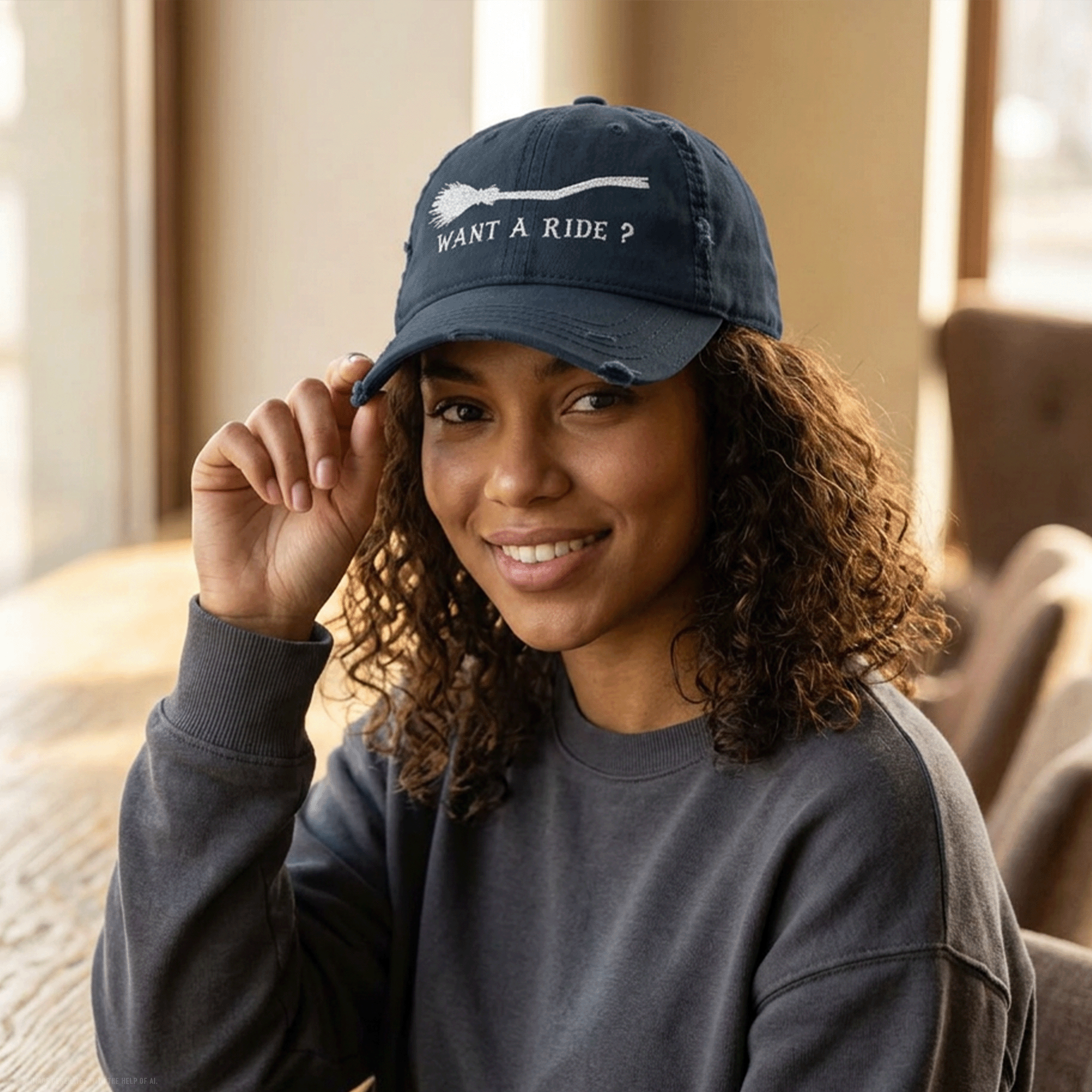 Embroidered Halloween Witch Broom Distressed Dad Hat