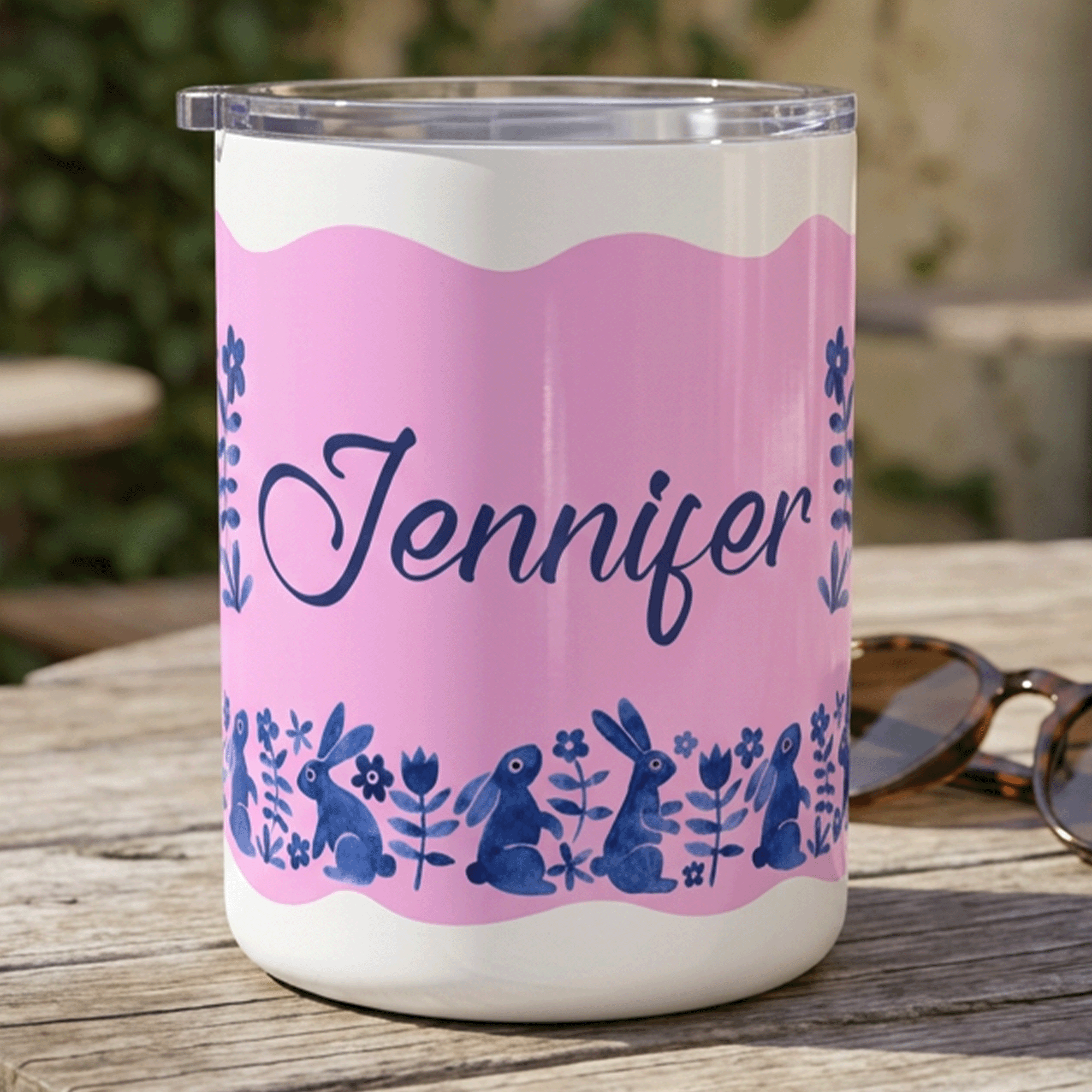 Personalized Blue Bunny Folk Art Insulated Coffee Mug