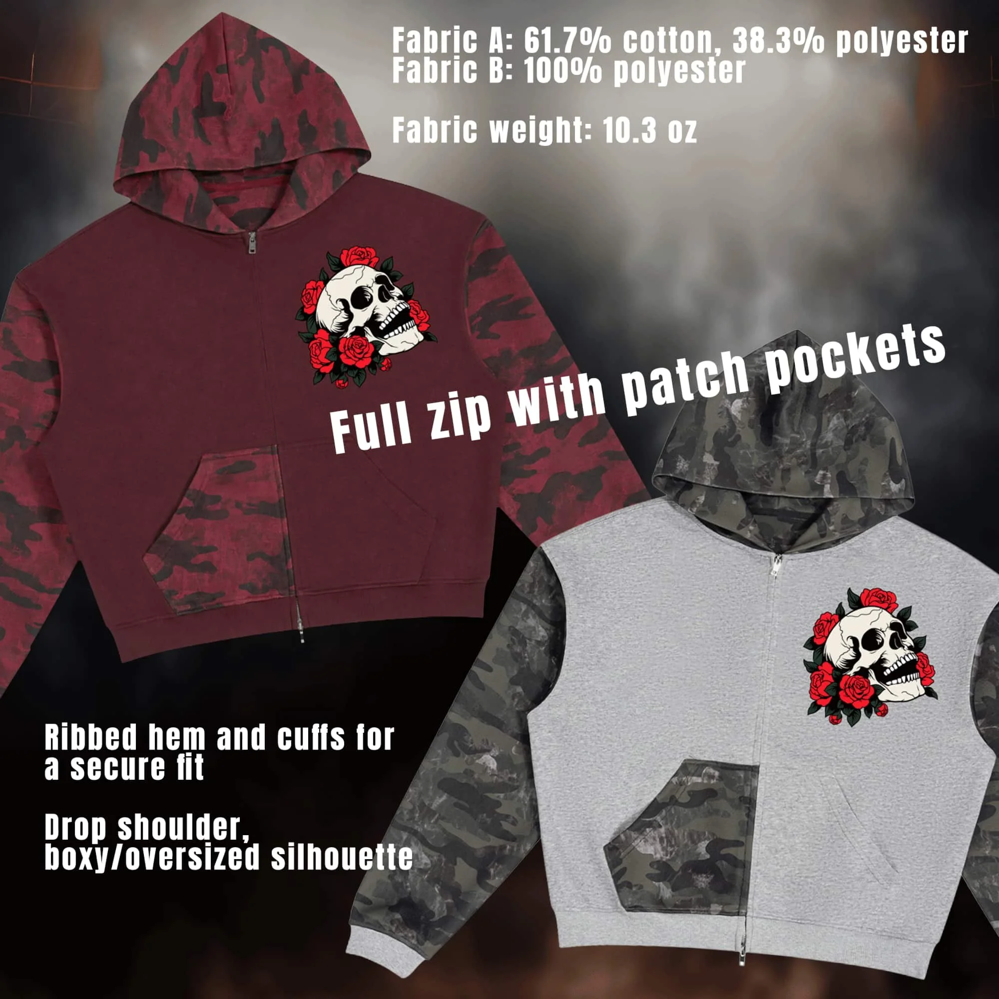 Skull & Roses Unisex Colorblock Camo Full Zip Boxy Hoodie
