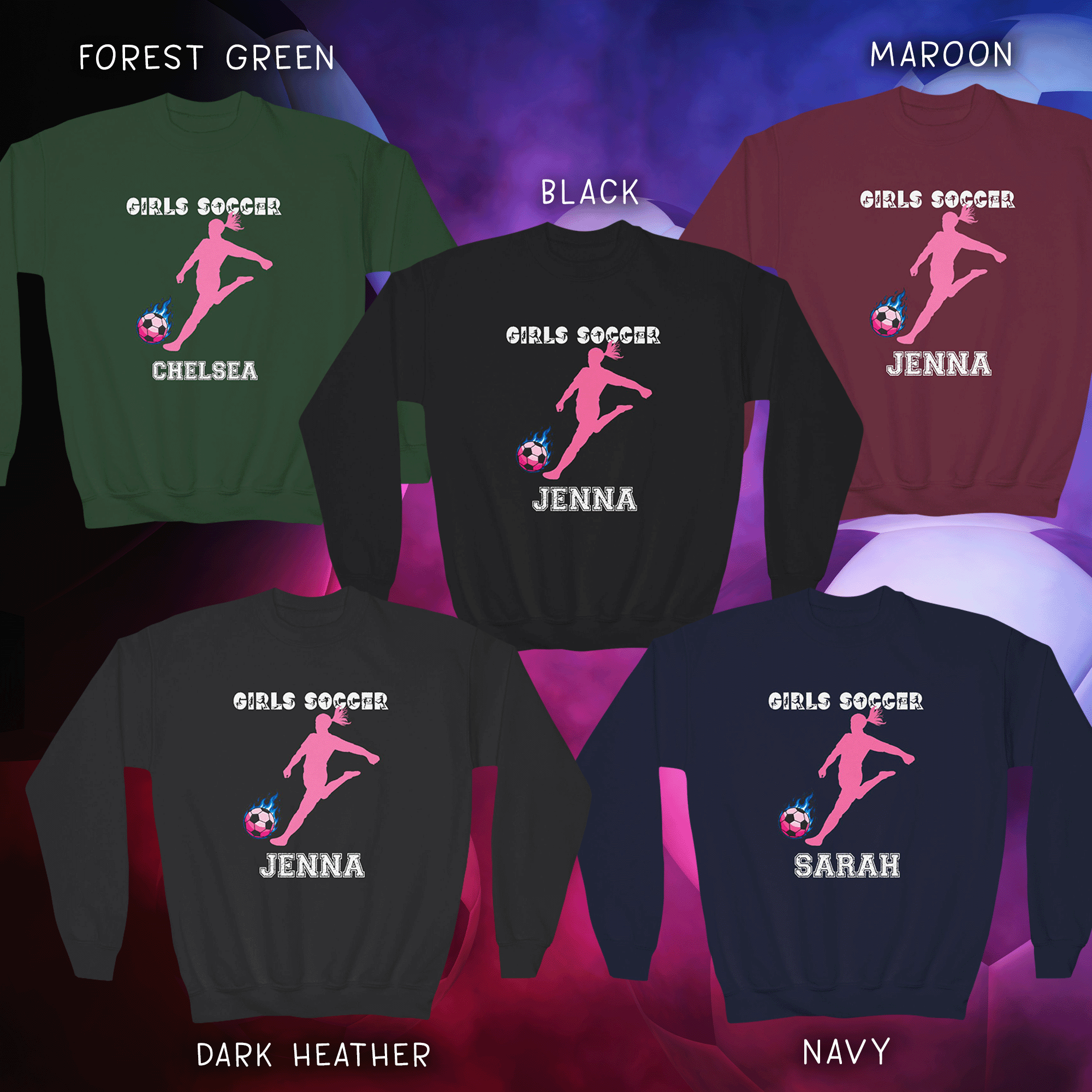Girls Personalized Soccer Pink Silhouette Youth Crewneck Sweatshirt