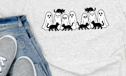 Gray t-shirt with a Halloween ghost and cat print, paired with blue denim jeans.