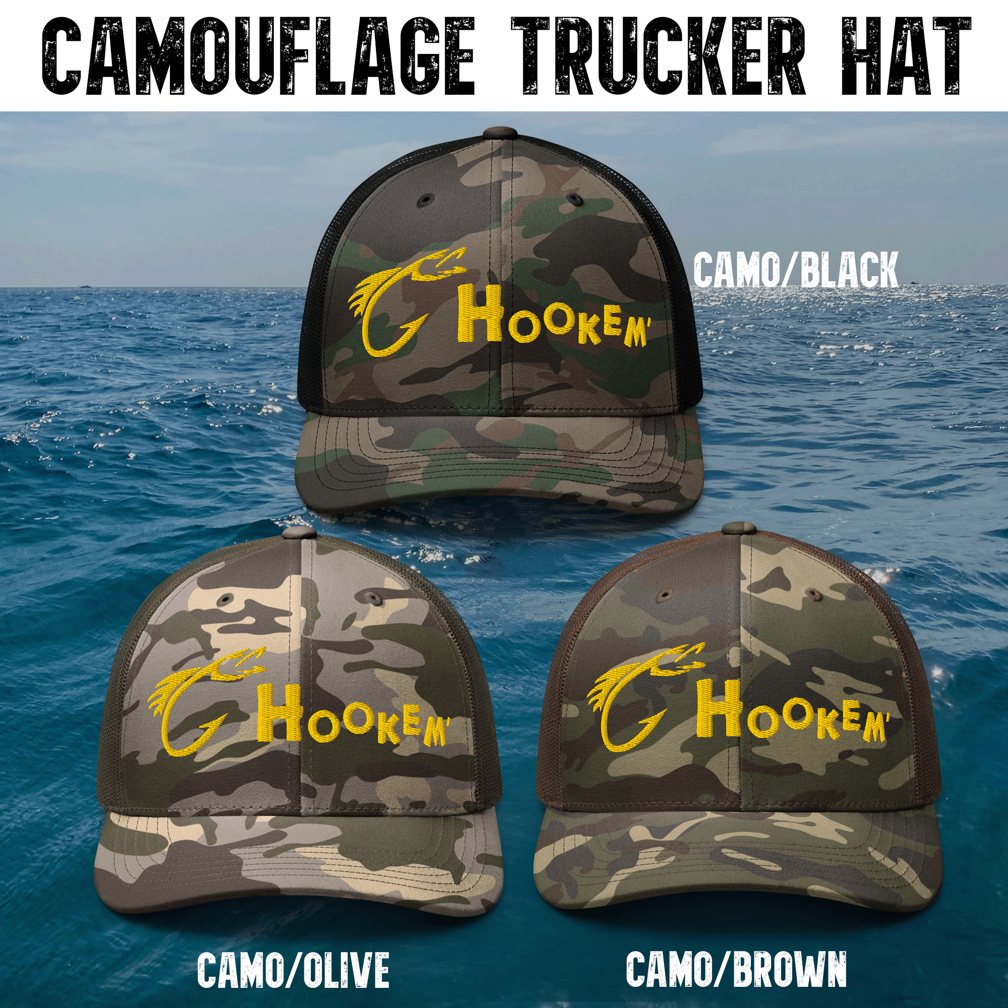 Embroidered Hookem Fishing Camouflage Trucker Hat
