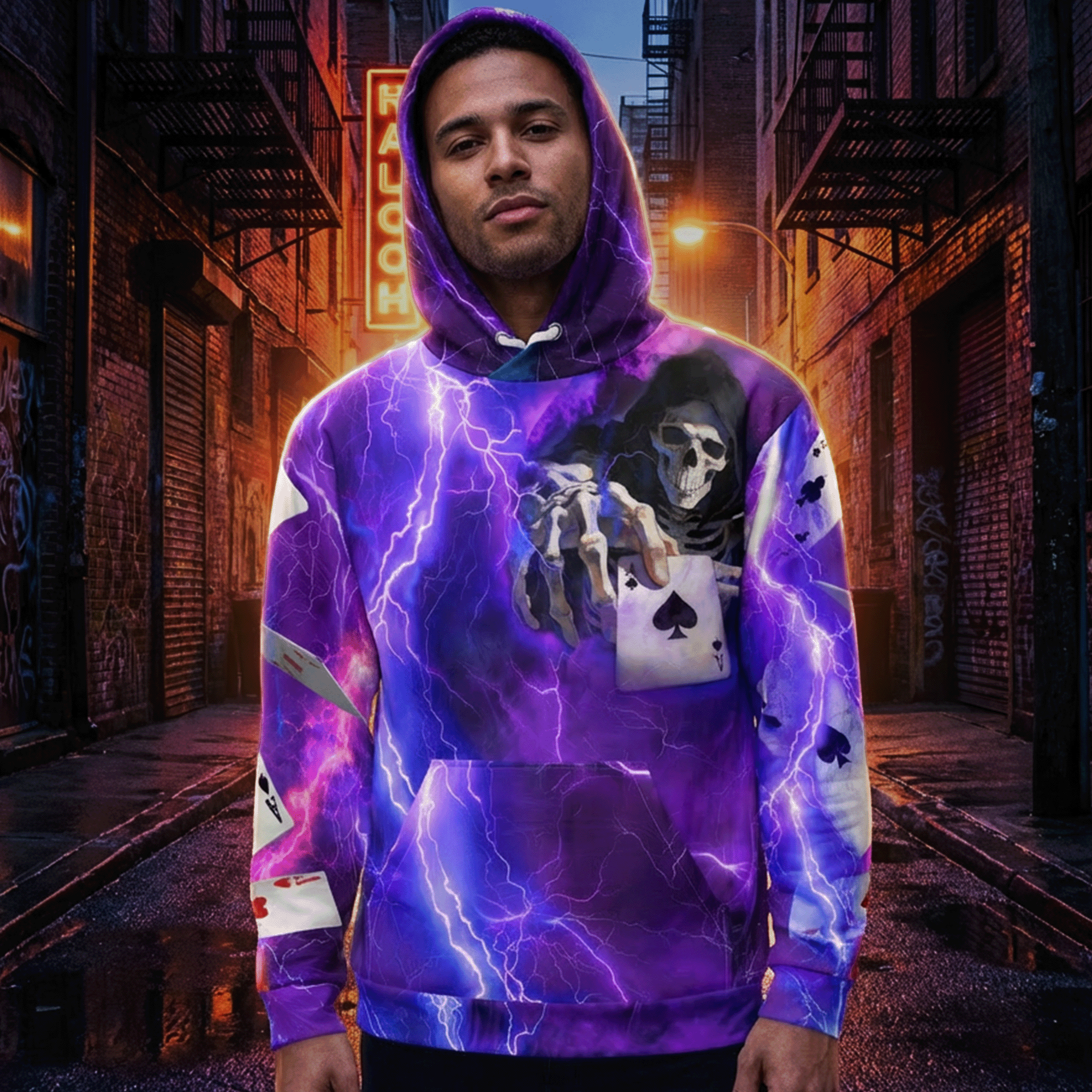 A young man with a serious expression, wearing a purple hoodie with lightning and skull graphics, stands in an urban alleyway at dusk with brick buildings and fire escapes, illuminated by streetlights and neon signs.