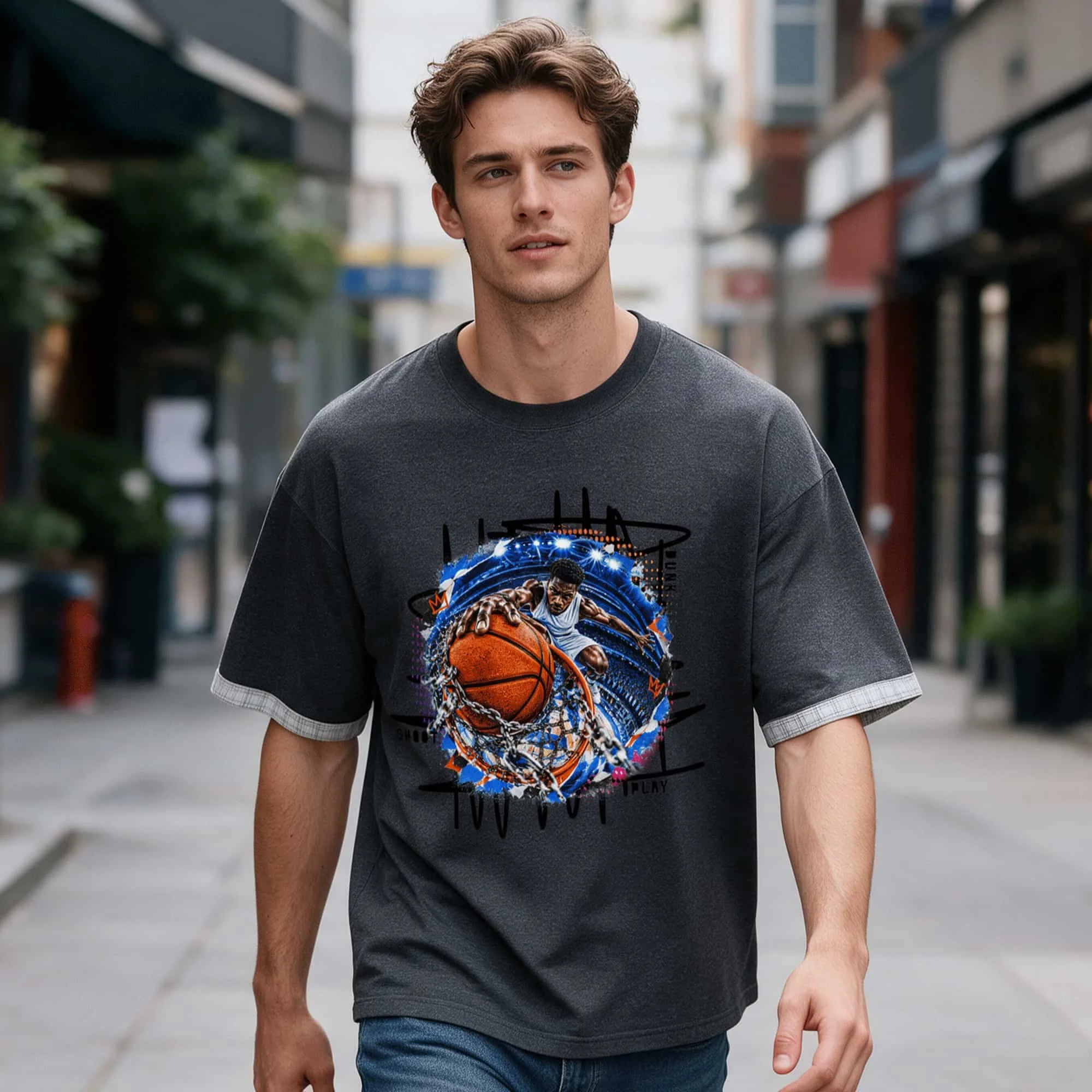 Basketball Player Unisex Boxy Plaid-Lined Double-Face T-Shirt