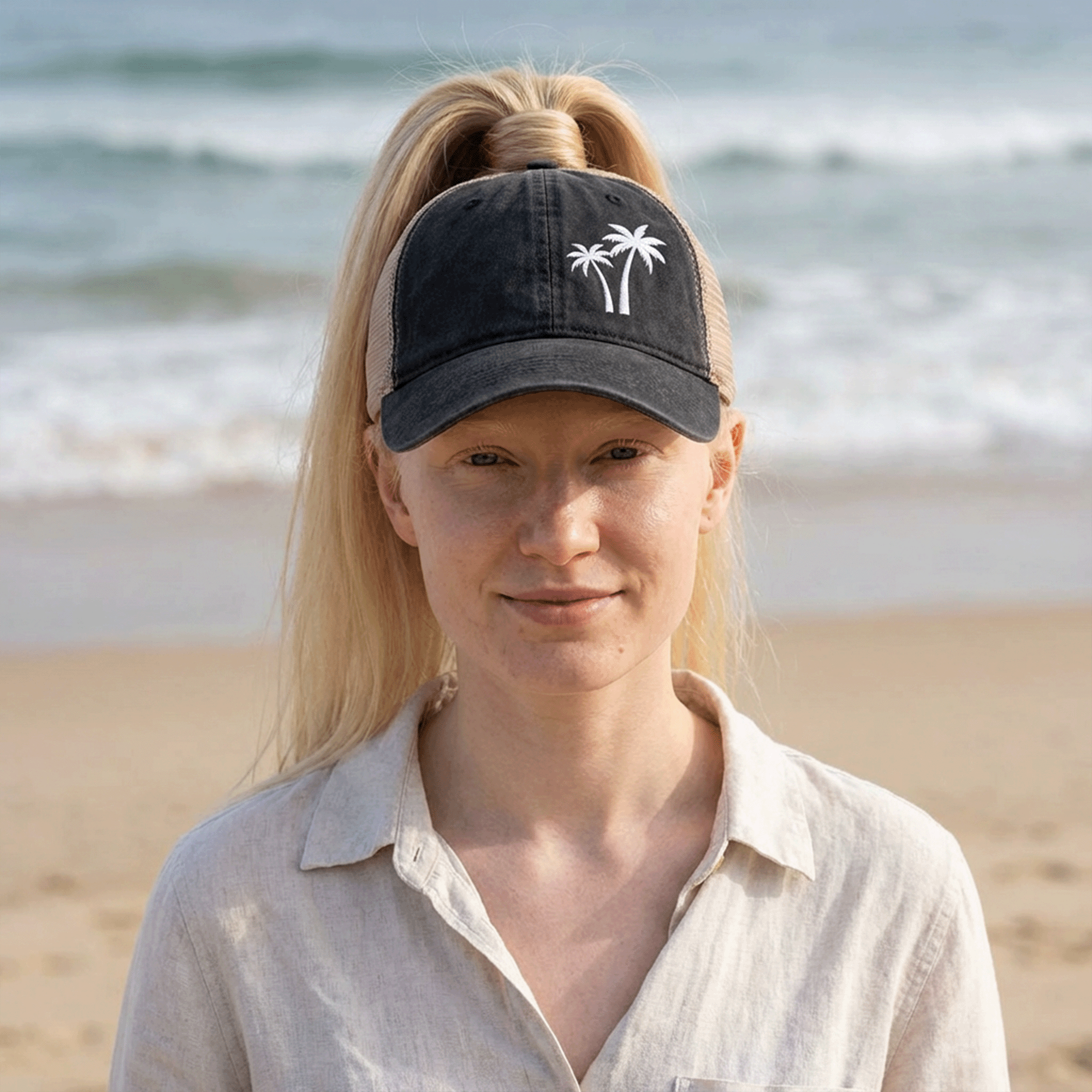 Embroidered White Palm Trees TESS Cap