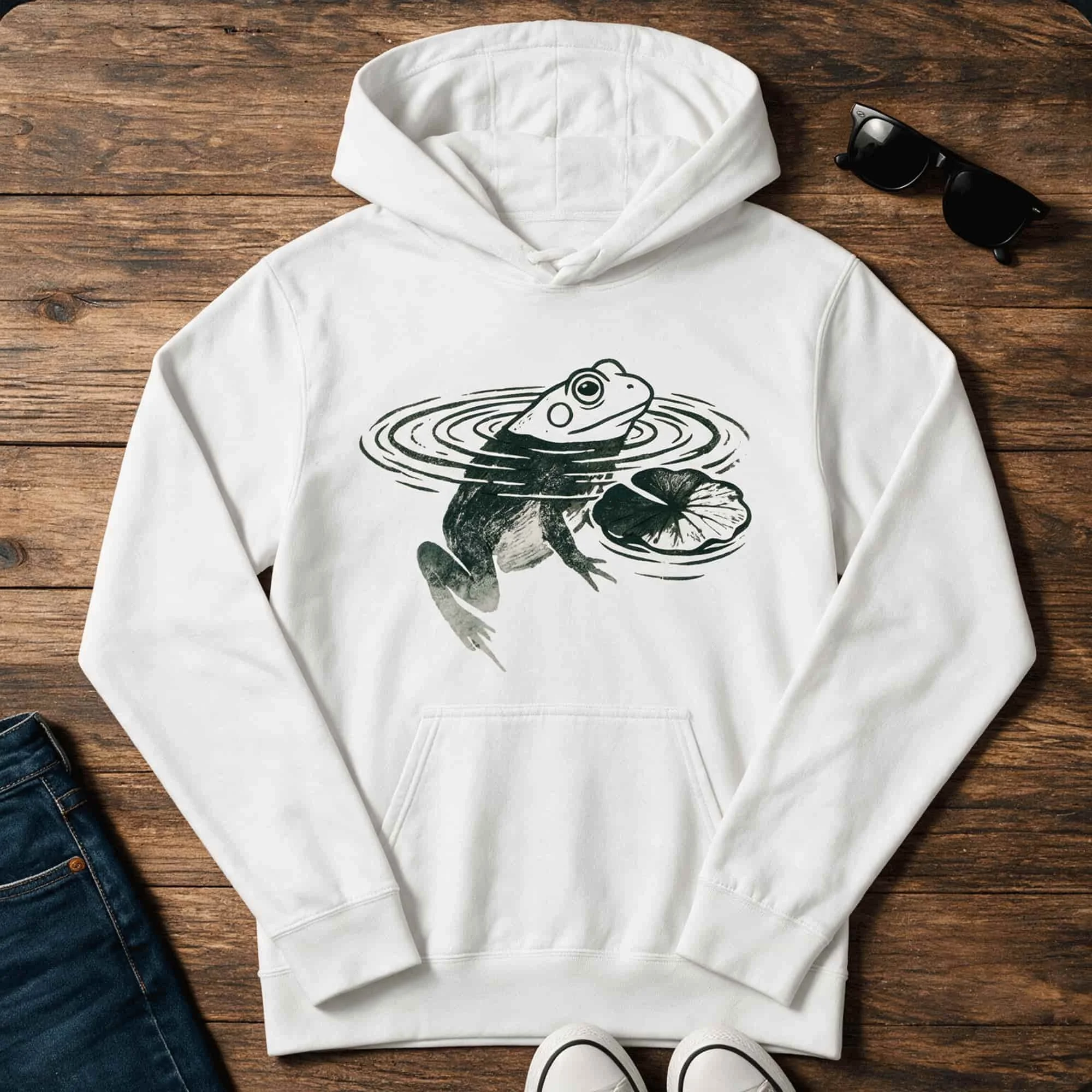 Frog Lily Pad Block Print Unisex Garment-Dyed Hoodie