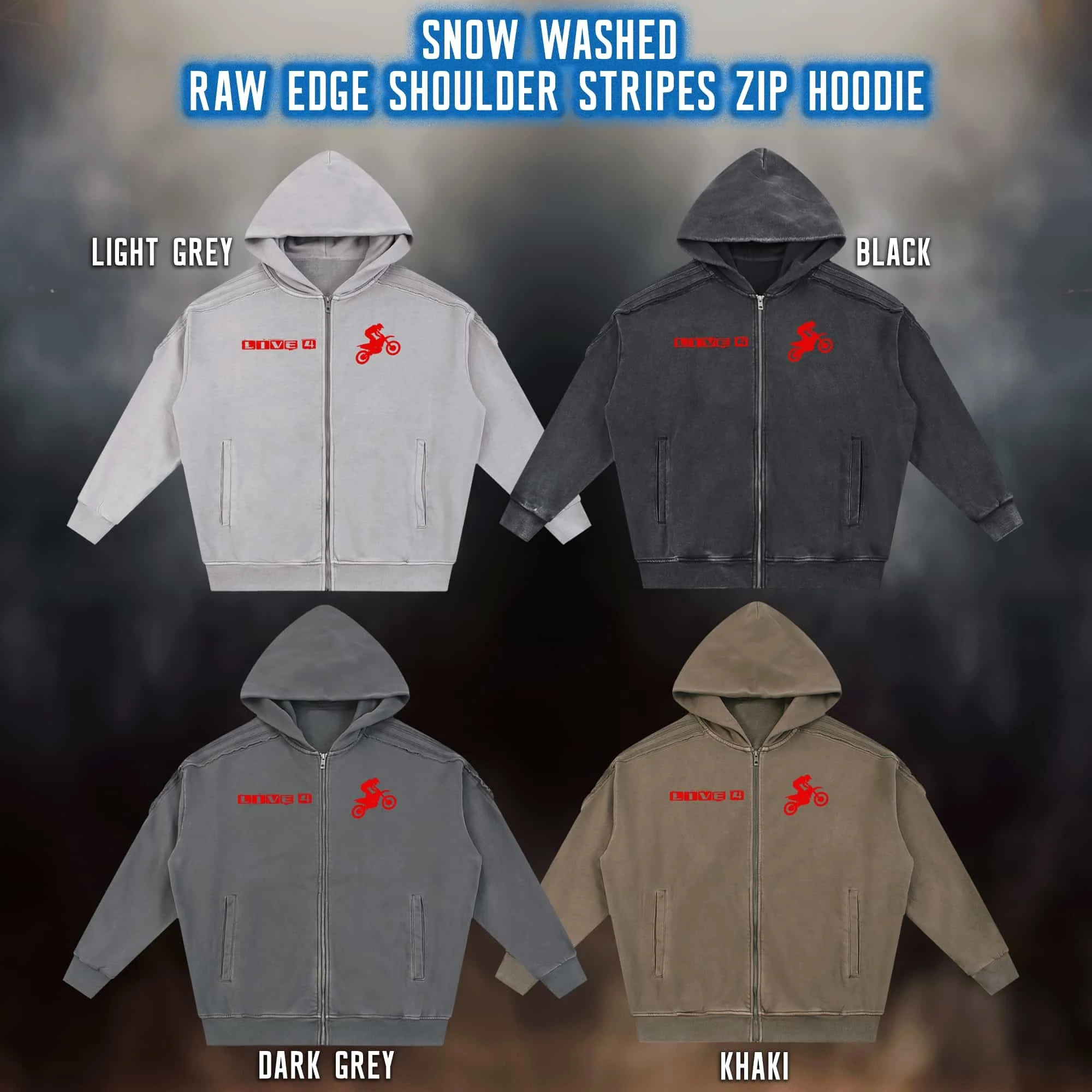 Live 4 Motocross Snow Washed Raw Edge Shoulder Stripes Zip Up Hoodie