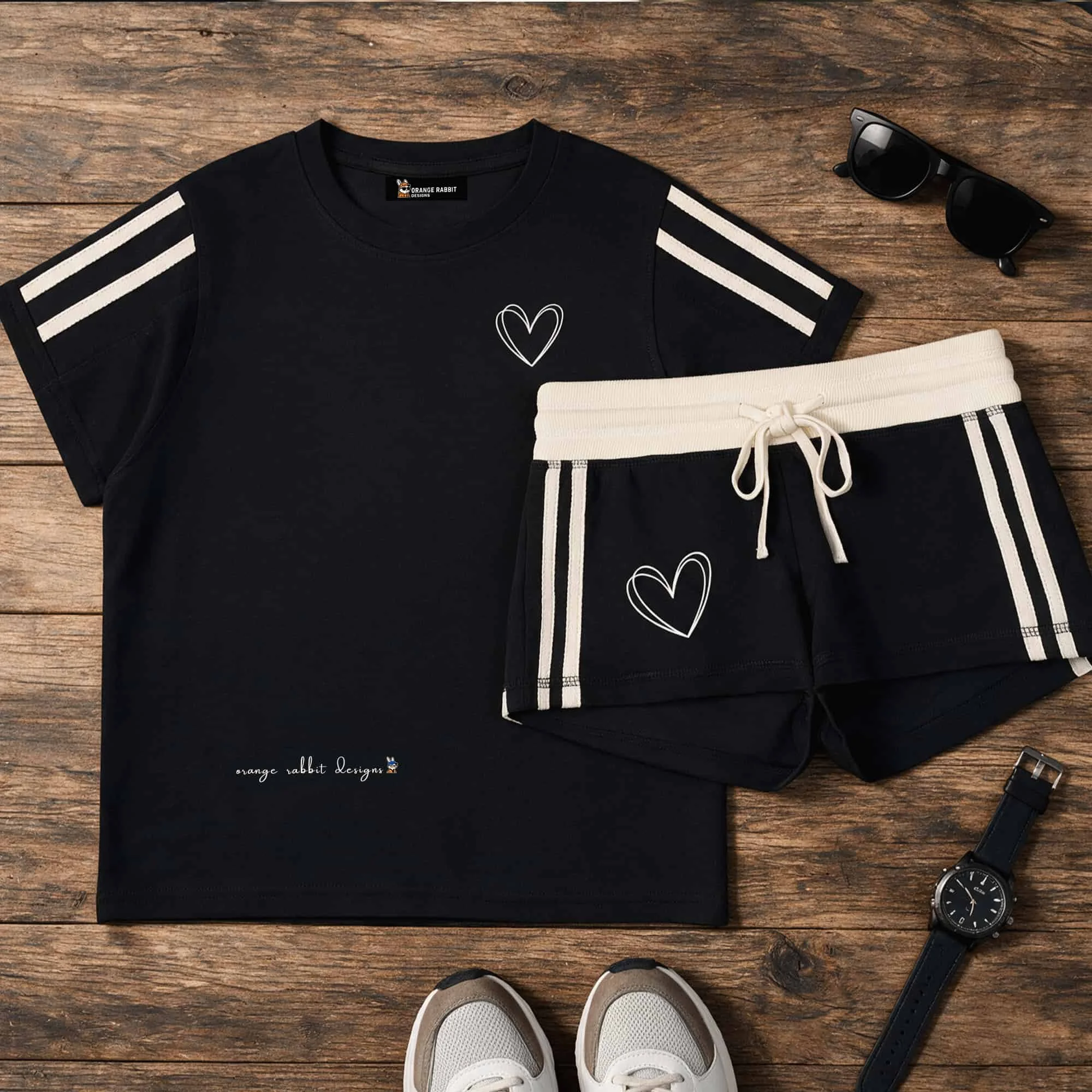 Women's Heart Contrast Stripe Track Shorts & Varsity Tee