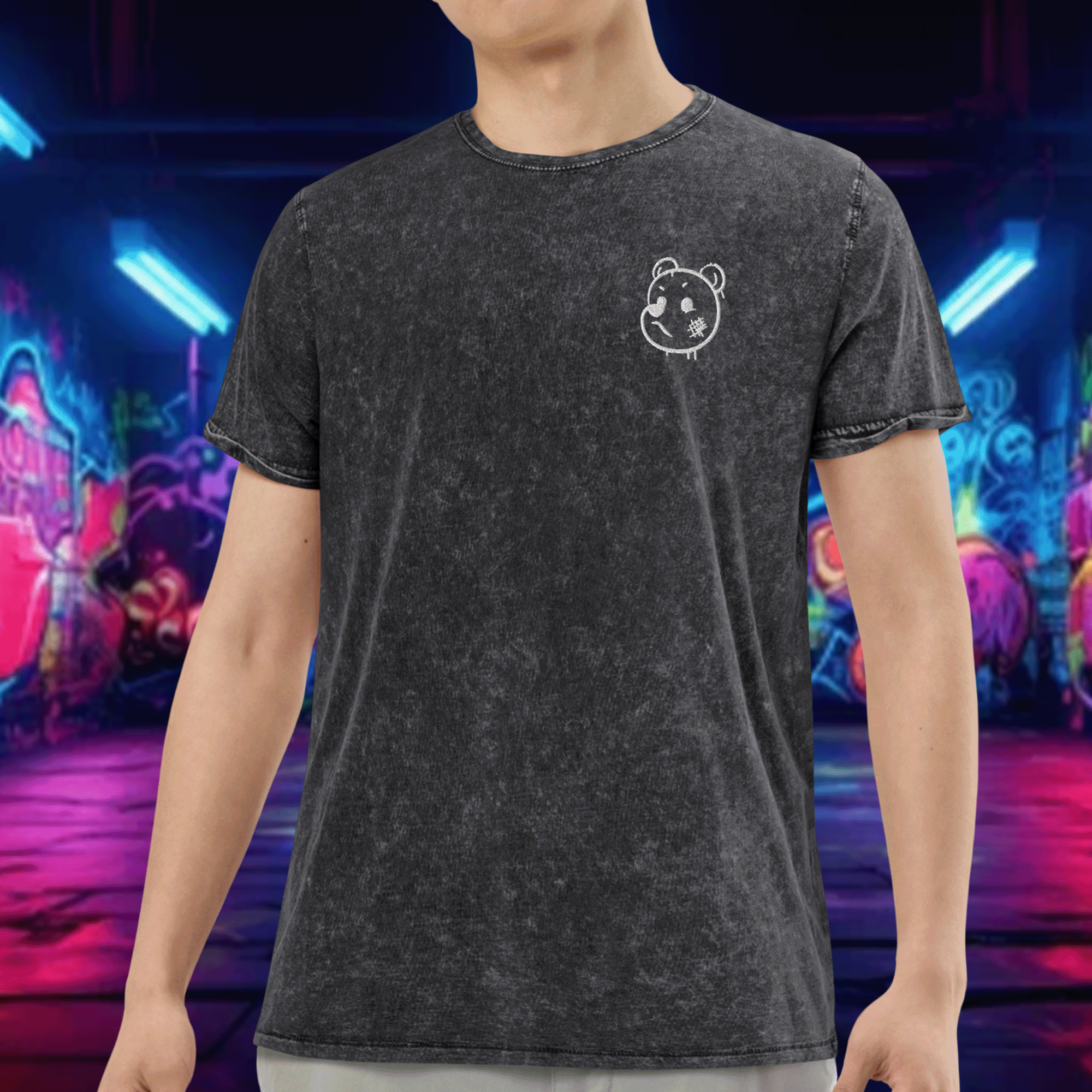 Embroidered Graffiti Bear Washed Denim Streetwear T-Shirt
