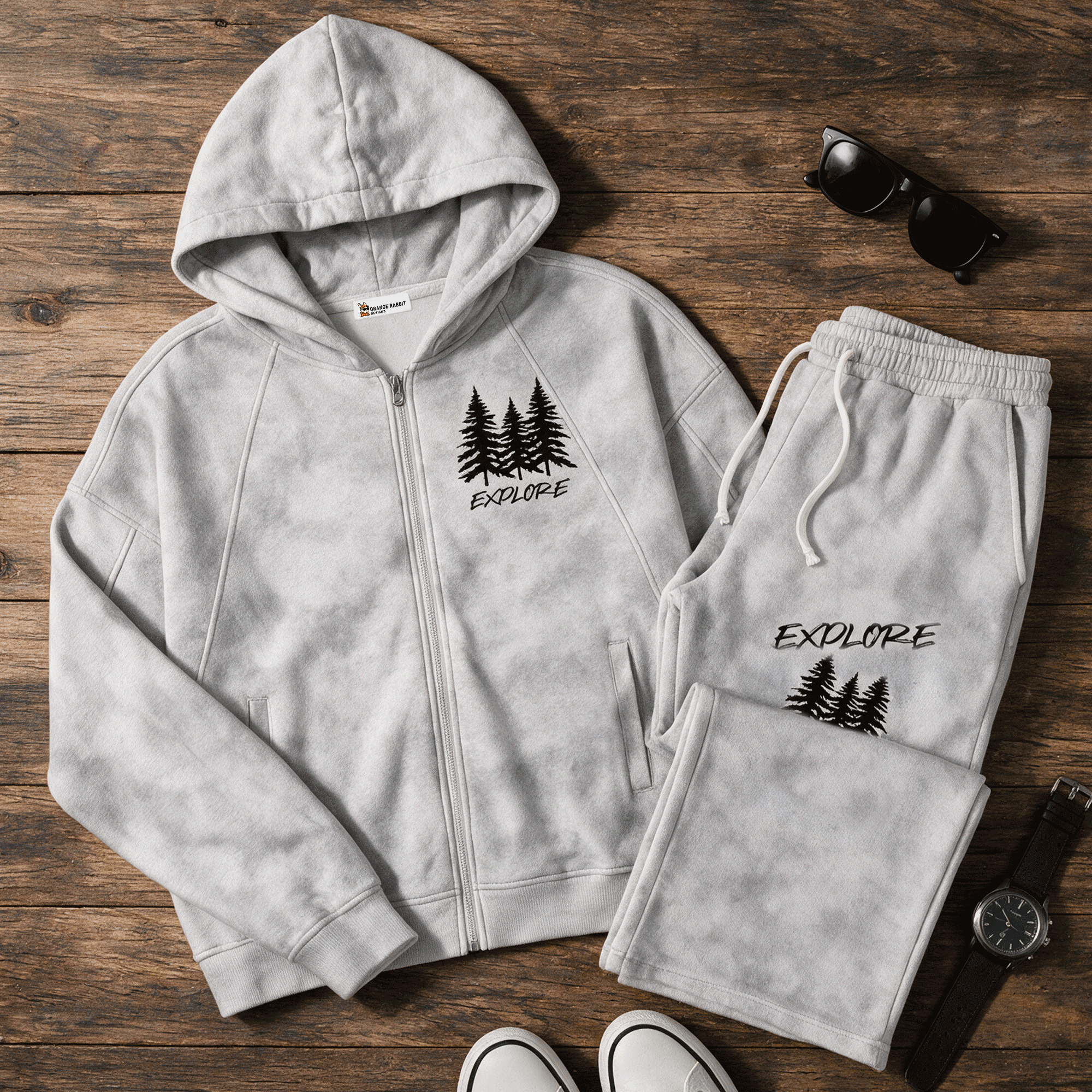 Explore Pine Tree Dirty Washed Full Zip Hoodie & Sweatpants